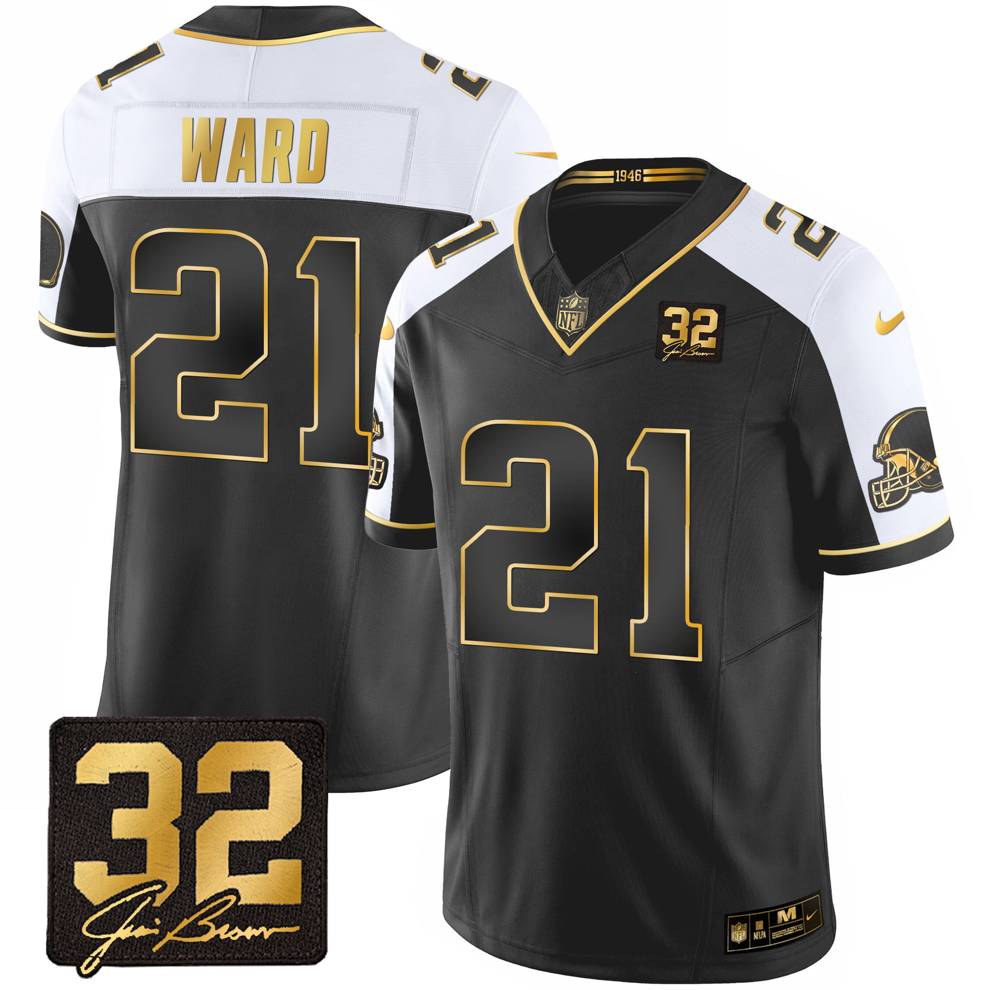 Denzel Ward Men's Cleveland Browns #32 Jim Brown Memorial Patch Gold Alternate Jersey - All Stitched