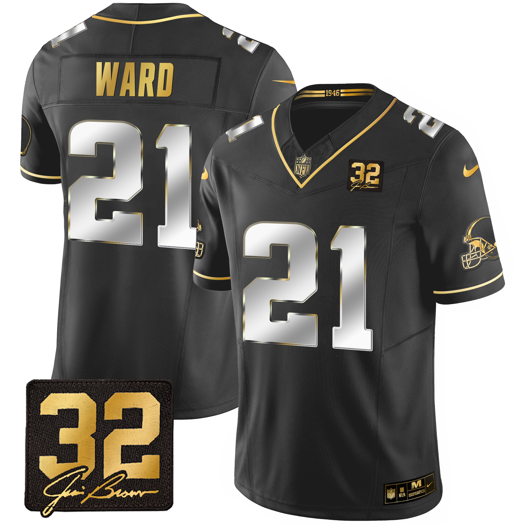 Denzel Ward Men's Cleveland Browns #32 Jim Brown Memorial Patch Gold Black Limited Jersey - All Stitched