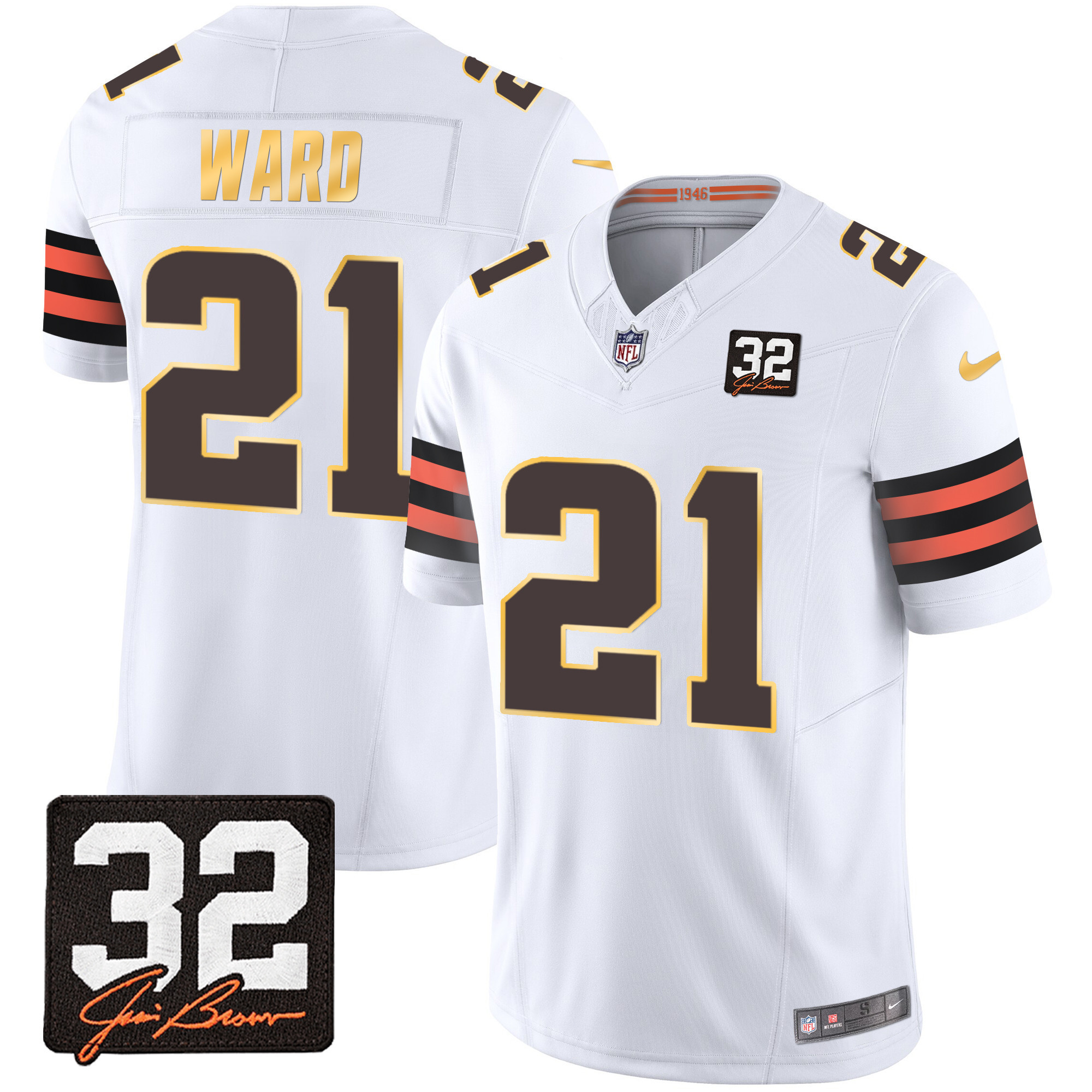 Denzel Ward Men's Cleveland Browns #32 Jim Brown Memorial Patch Gold Trim White Jersey - All Stitched