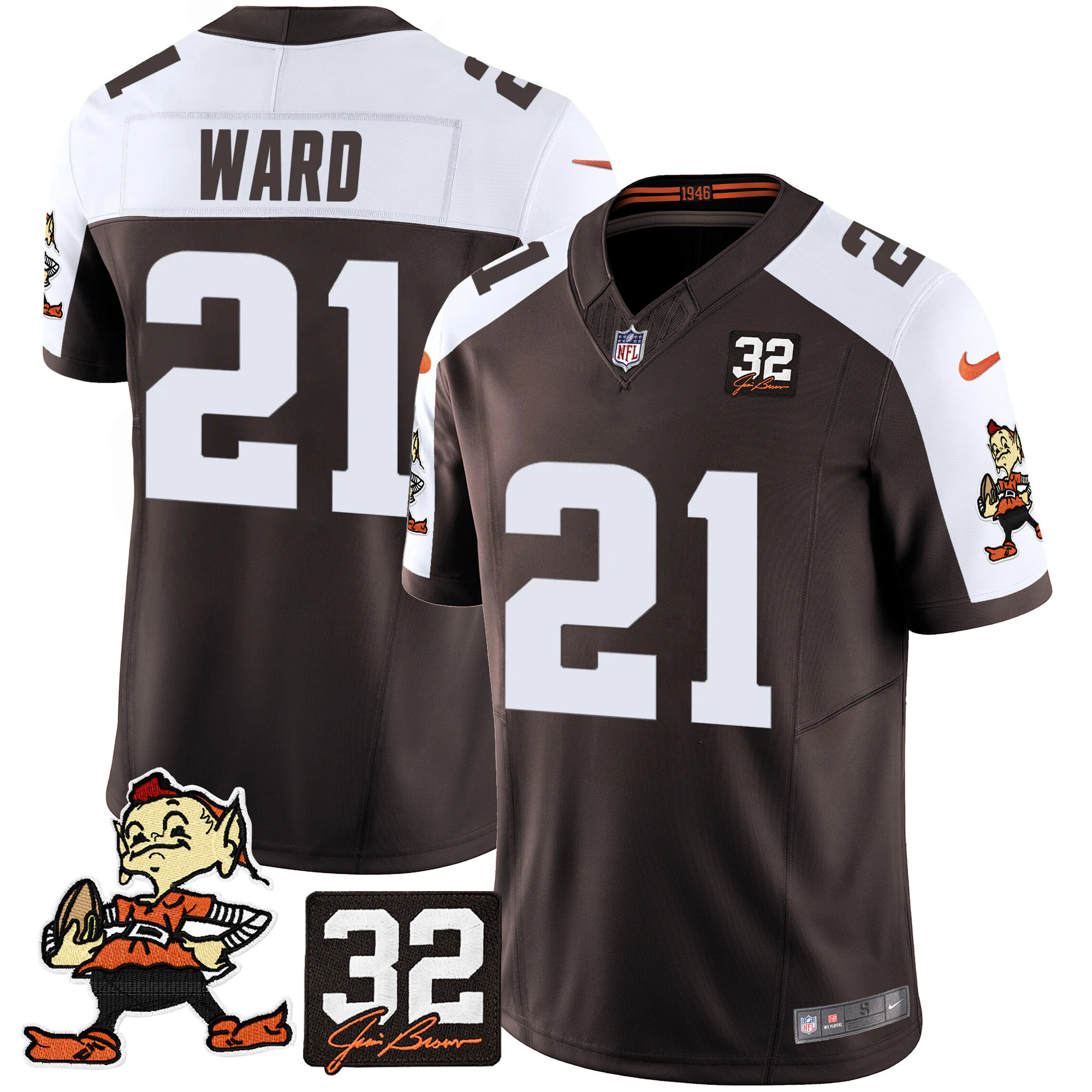 Denzel Ward Men's Cleveland Browns #32 Jim Brown Memorial Patch Vapor Limited Alternate Jersey - All Stitched