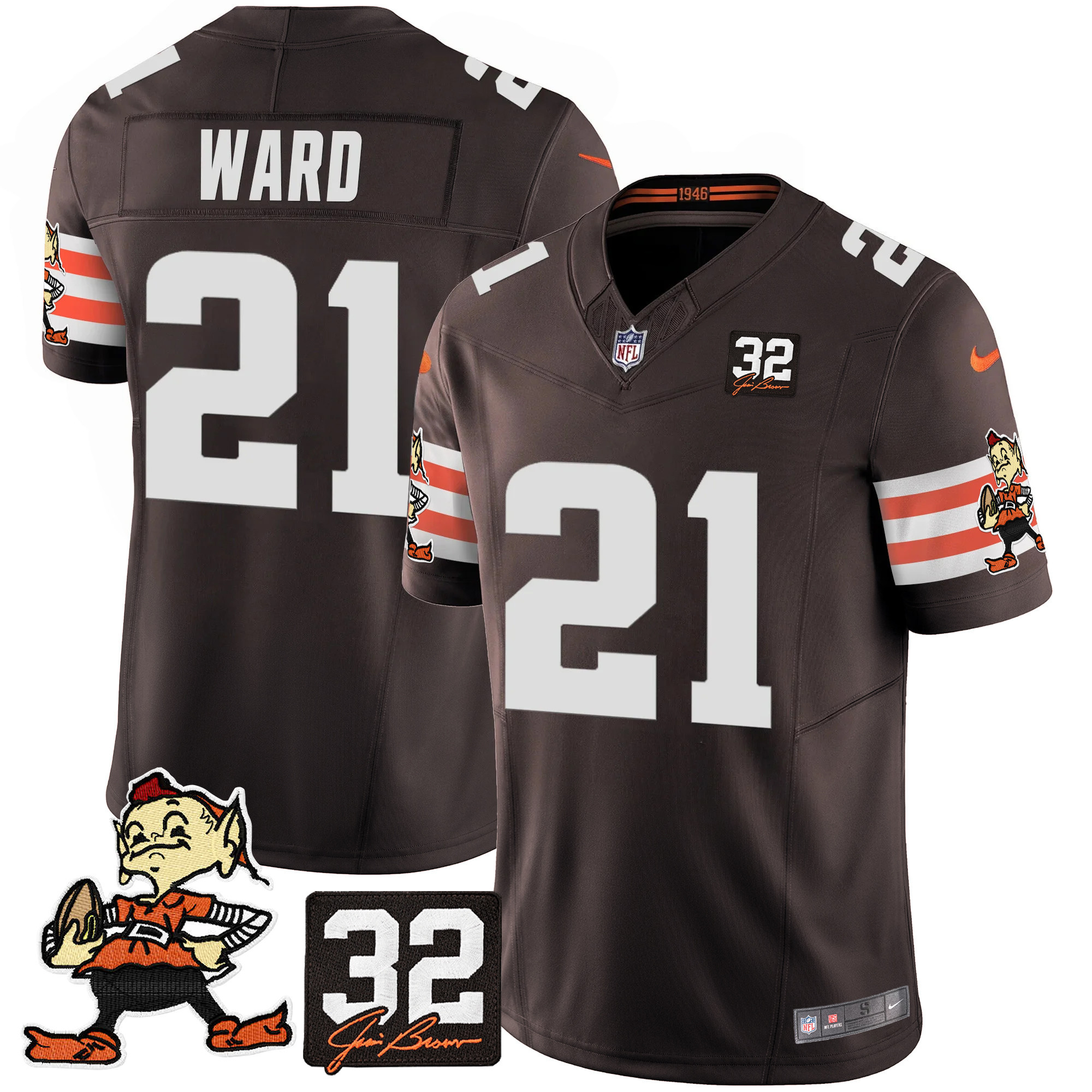 Denzel Ward Men's Cleveland Browns #32 Jim Brown Memorial Patch Vapor Limited Brown Jersey - All Stitched