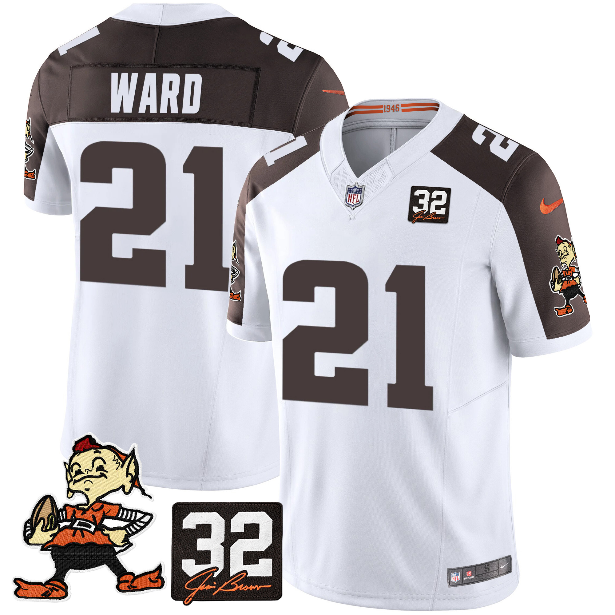 Denzel Ward Men's Cleveland Browns #32 Jim Brown Memorial Patch Vapor Limited Inverted Jersey - All Stitched