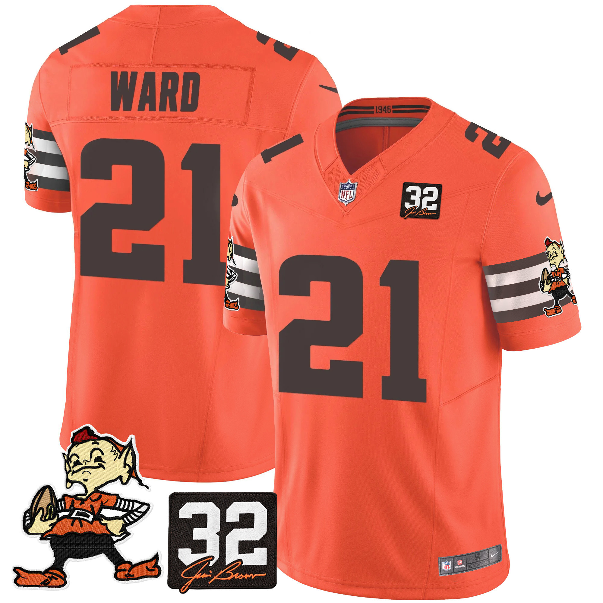 Denzel Ward Men's Cleveland Browns #32 Jim Brown Memorial Patch Vapor Limited Orange Jersey - All Stitched