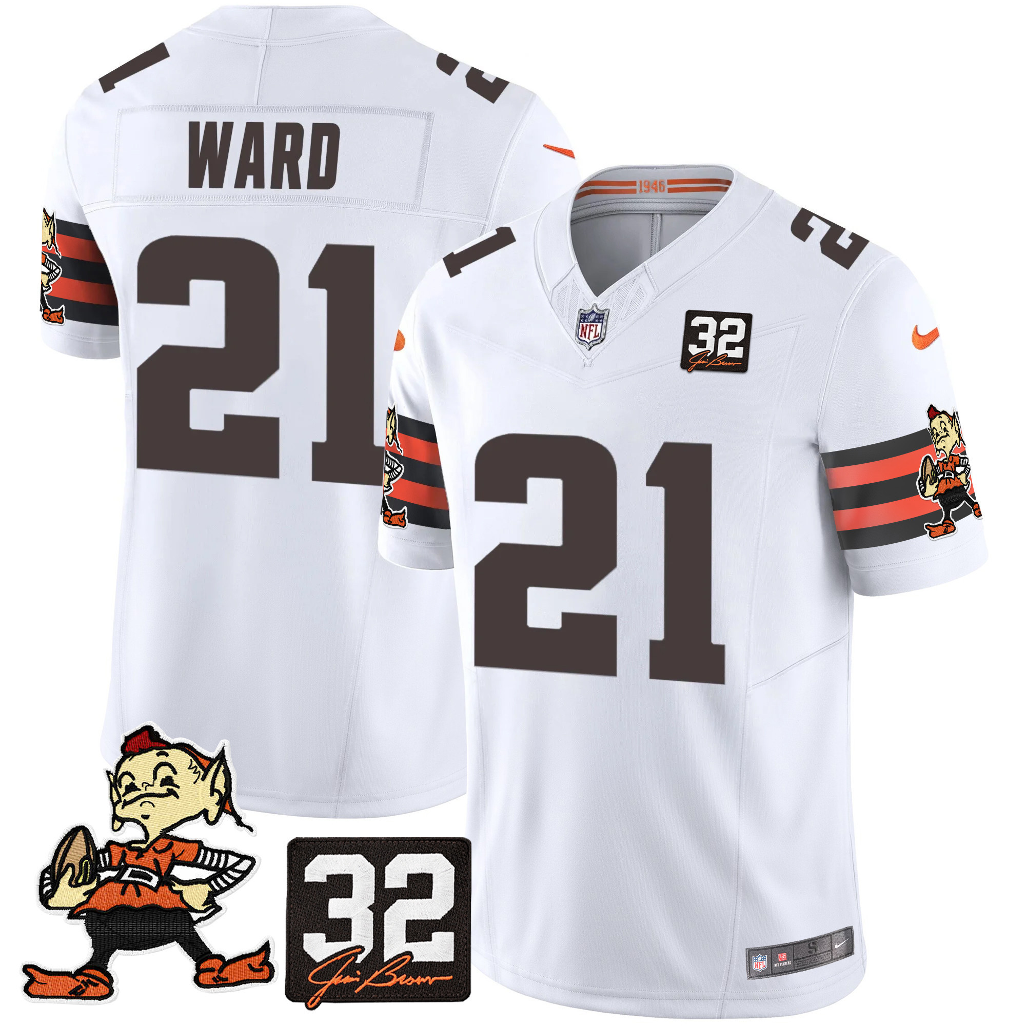 Denzel Ward Men's Cleveland Browns #32 Jim Brown Memorial Patch Vapor Limited White Jersey - All Stitched