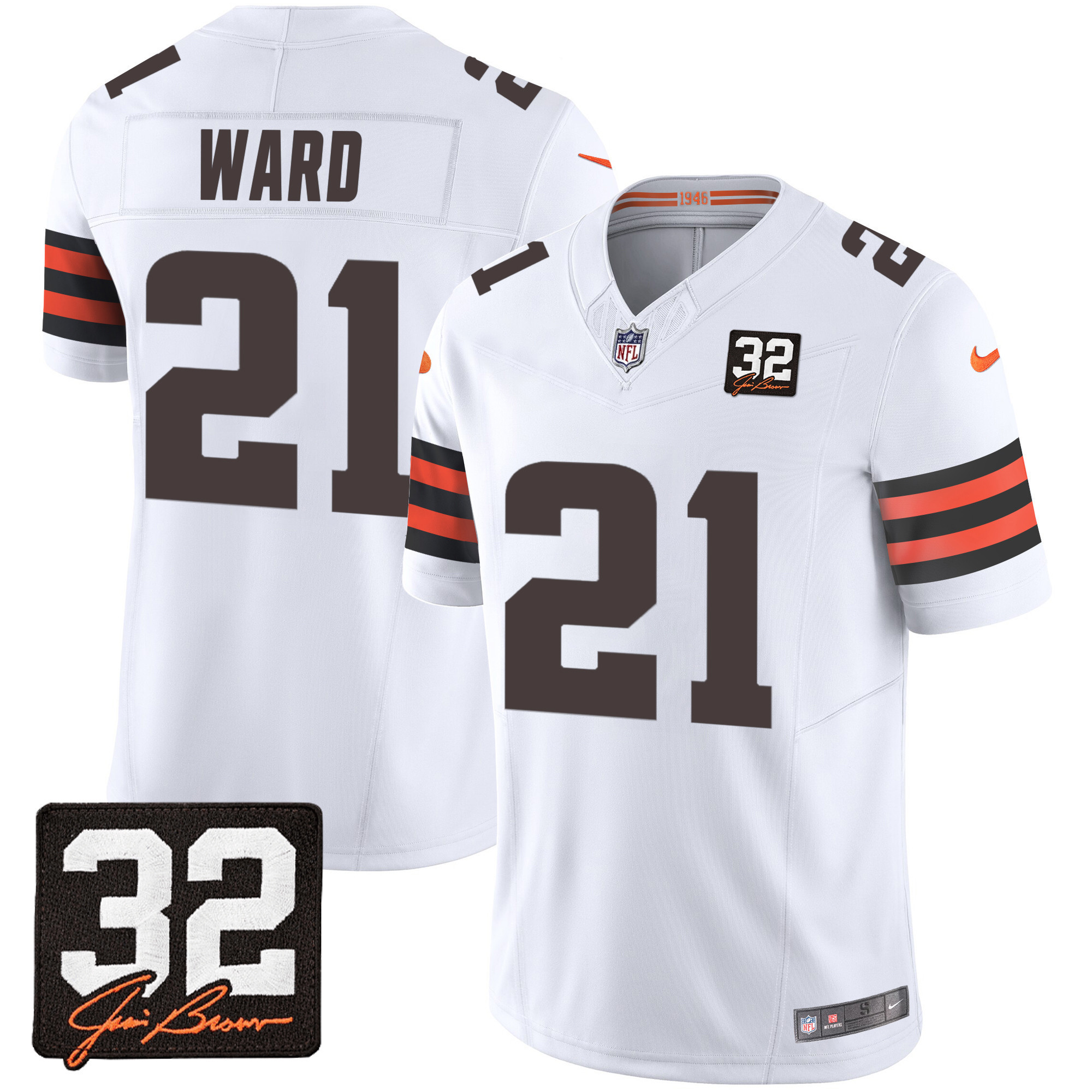 Denzel Ward Men's Cleveland Browns #32 Jim Brown Memorial Patch White Jersey - All Stitched