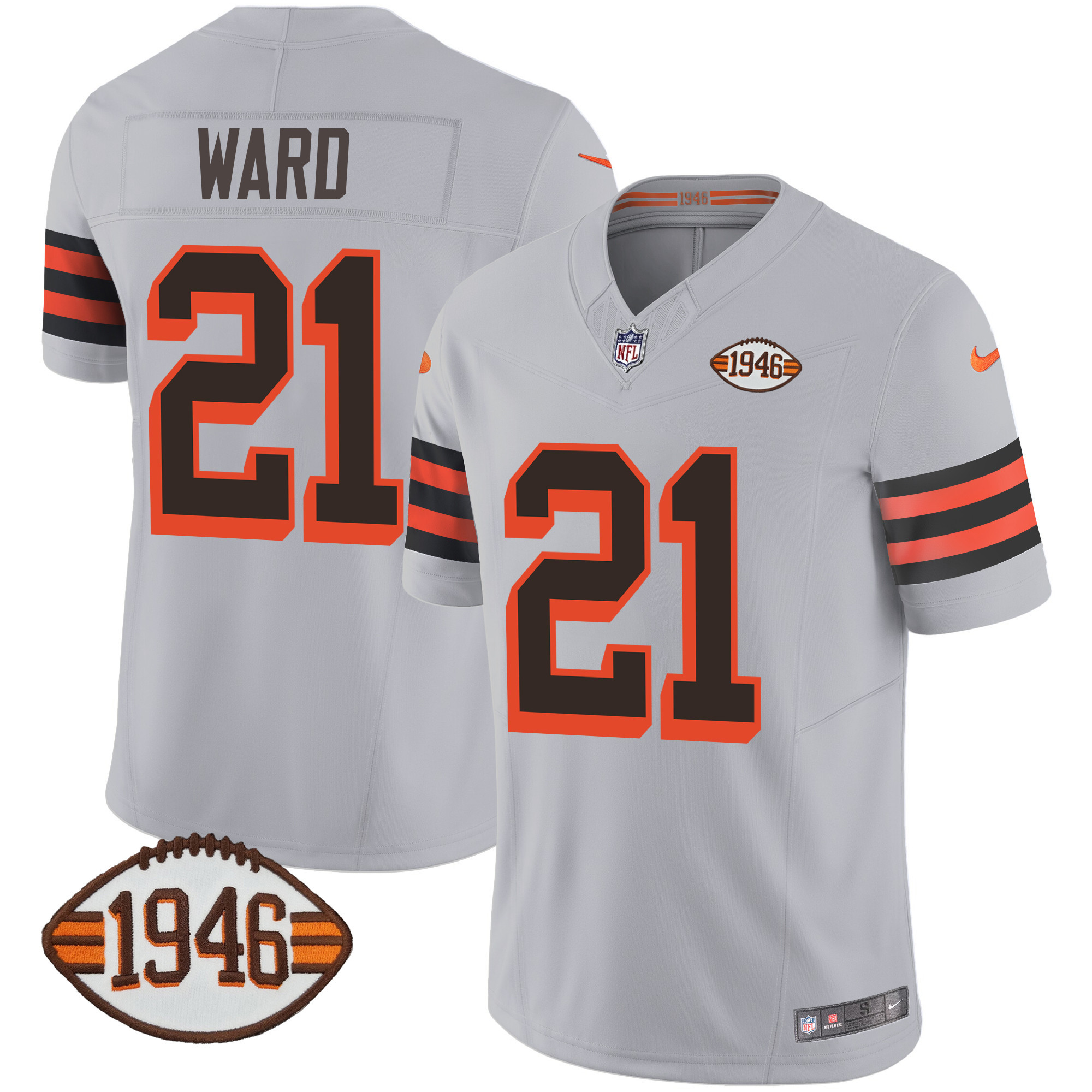Denzel Ward Men's Cleveland Browns 1946 75th Anniversary Patch Gray Jersey - All Stitched