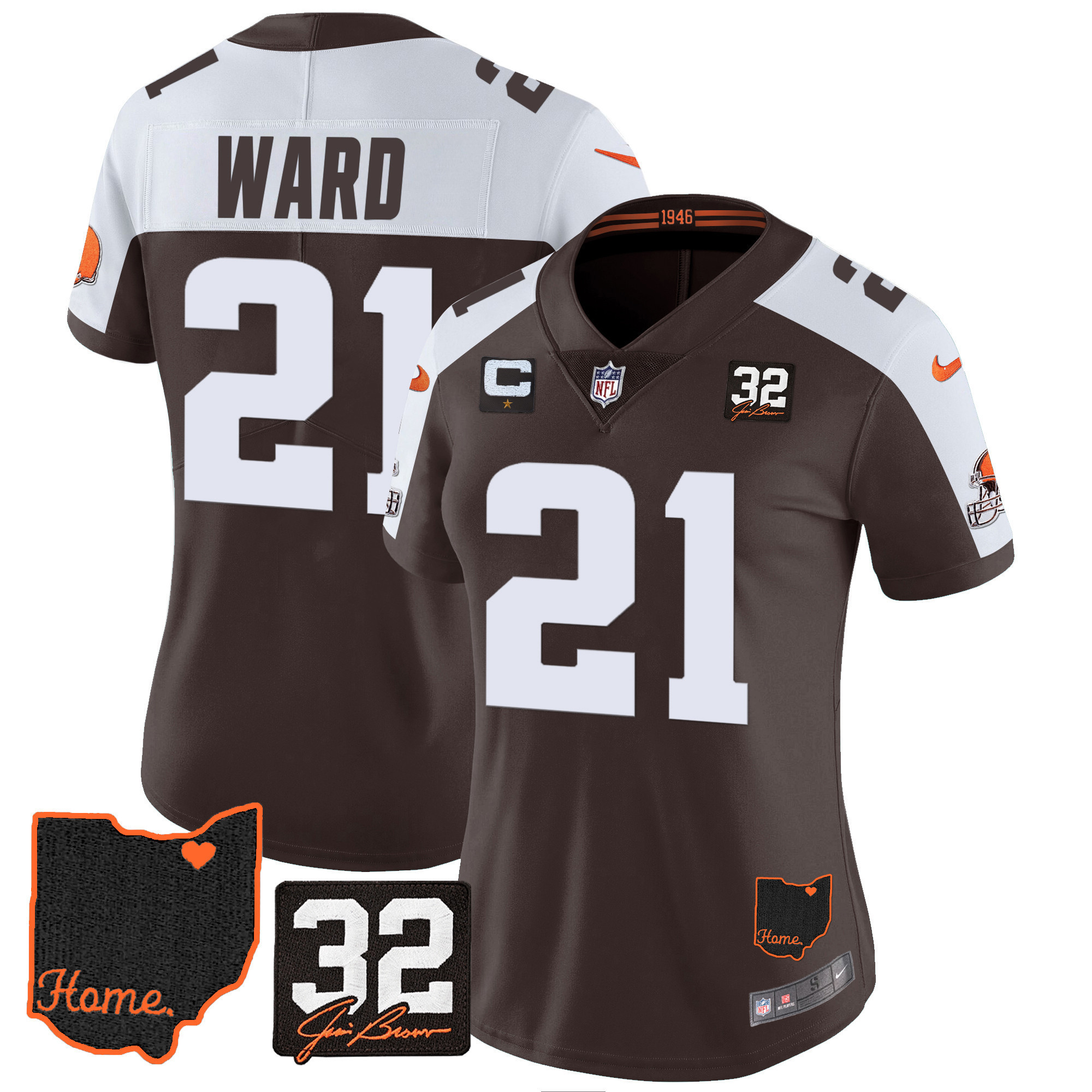 Denzel Ward Women's Cleveland Browns #32 Jim Brown Memorial & Home Patch Alternate Jersey - All Stitched
