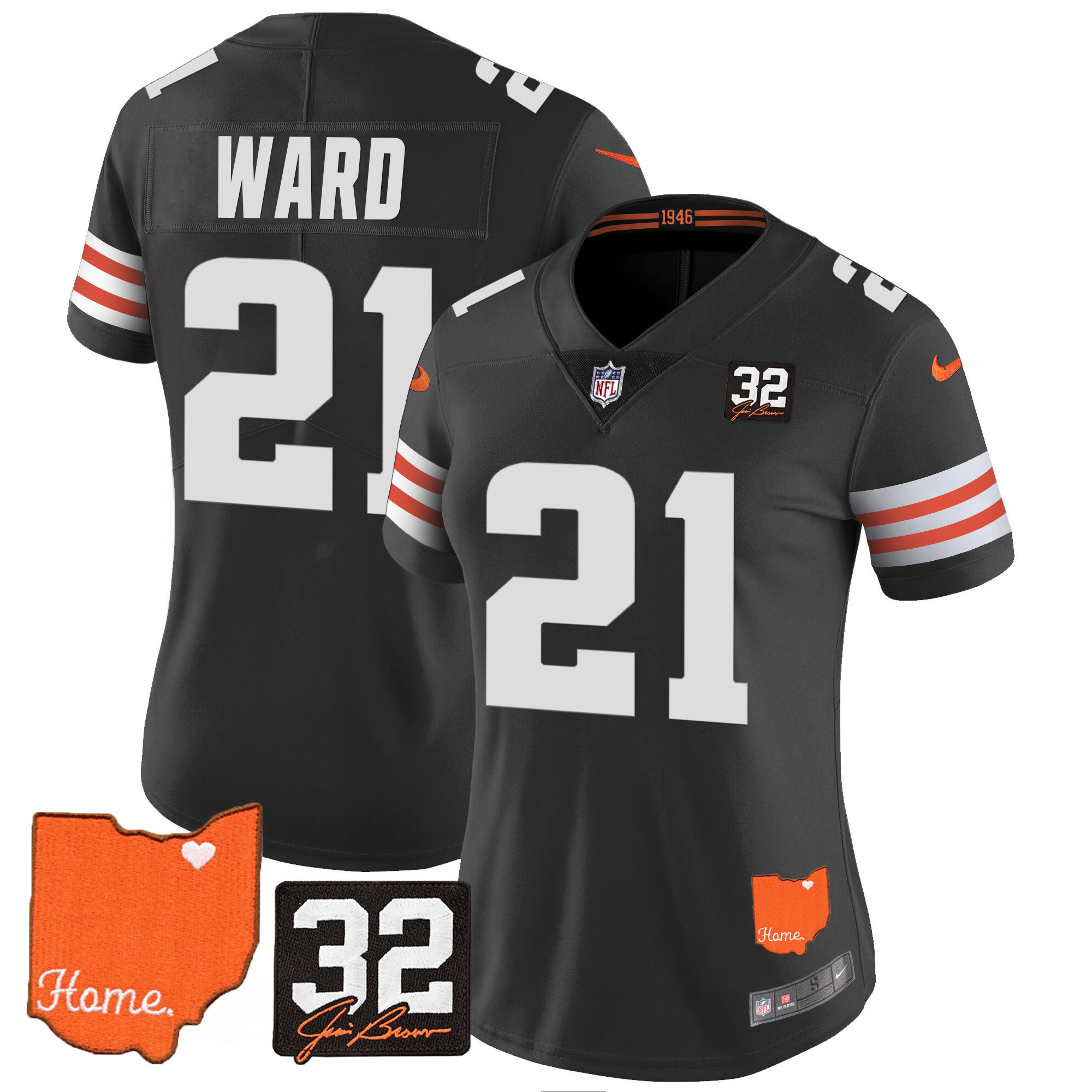Denzel Ward Women's Cleveland Browns #32 Jim Brown Memorial & Home Patch Black Jersey - All Stitched