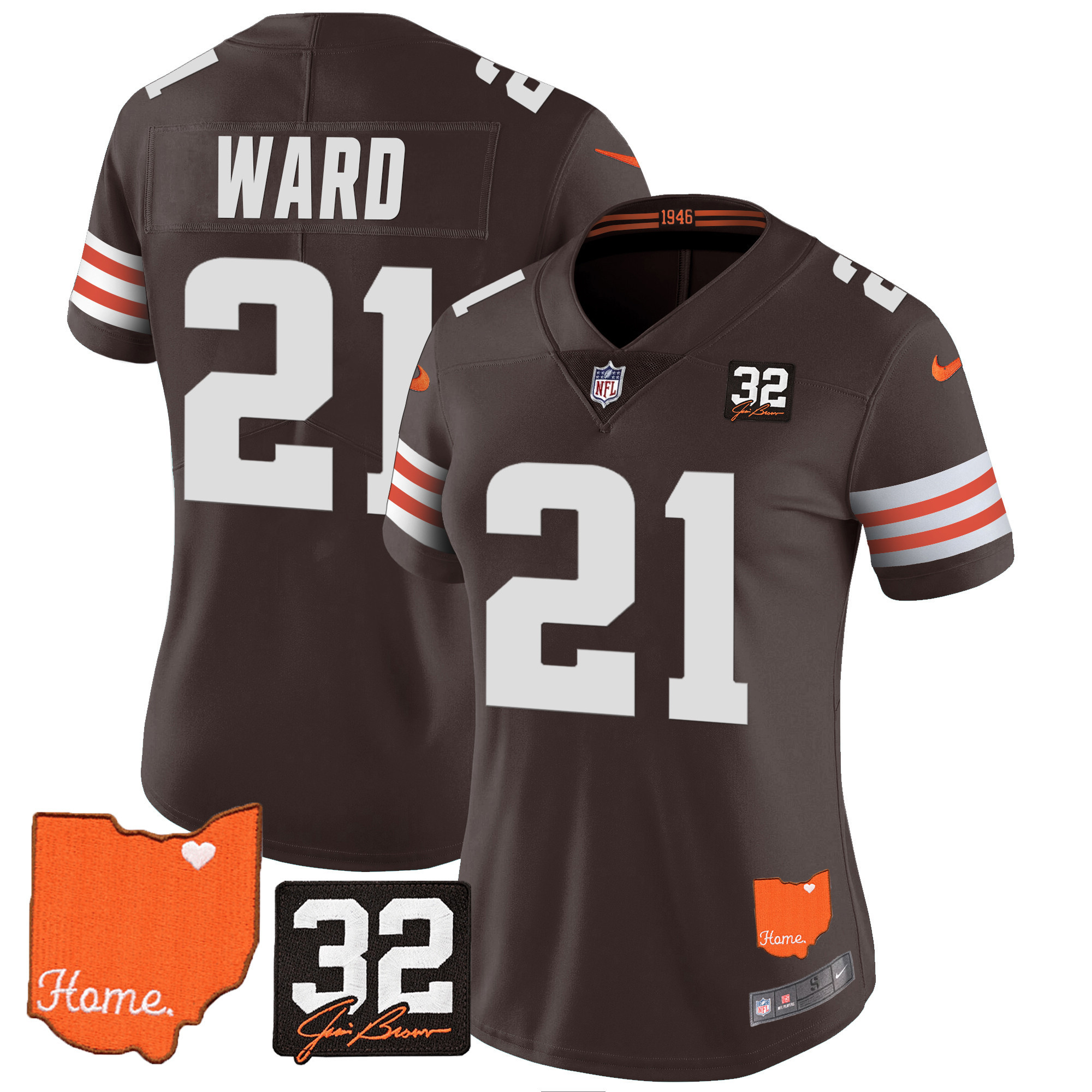 Denzel Ward Women's Cleveland Browns #32 Jim Brown Memorial & Home Patch Brown Jersey - All Stitched