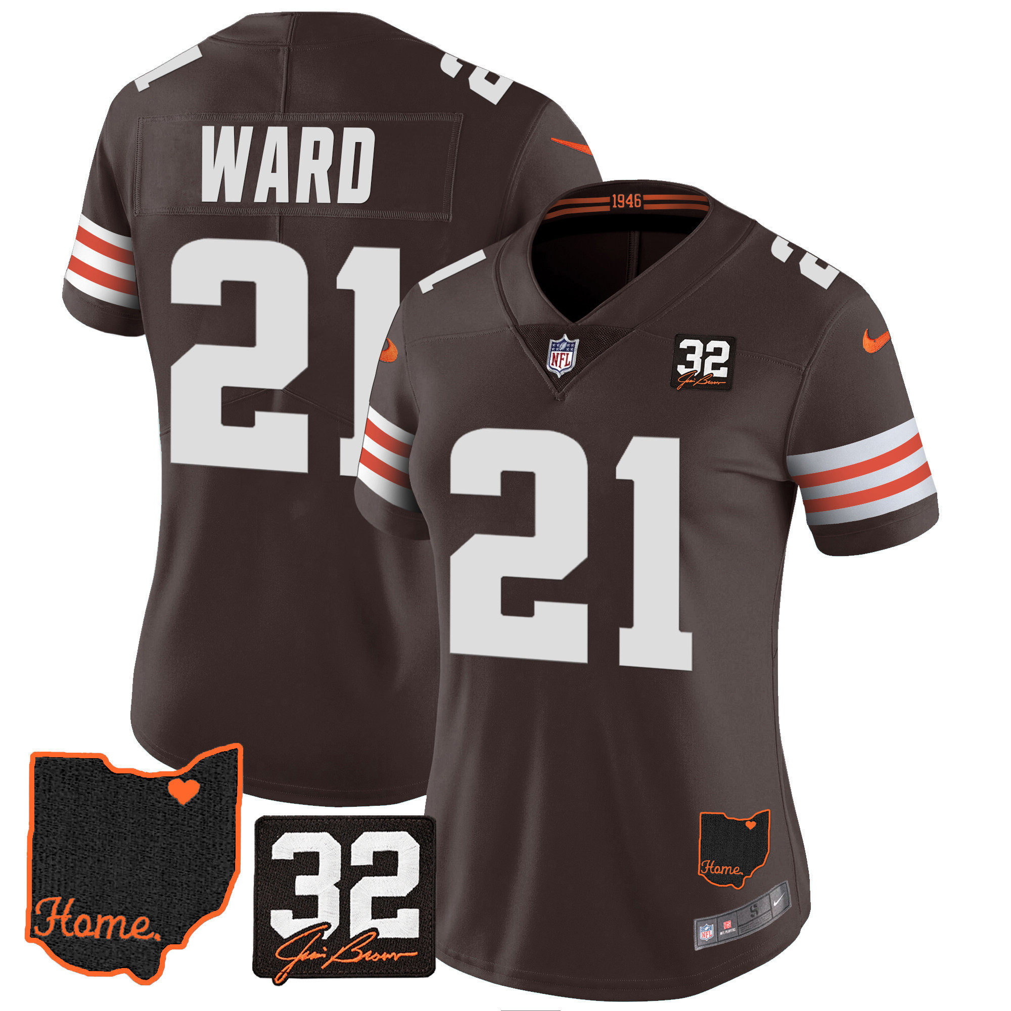 Denzel Ward Women's Cleveland Browns #32 Jim Brown Memorial & Home Patch Brown Jersey - All Stitched
