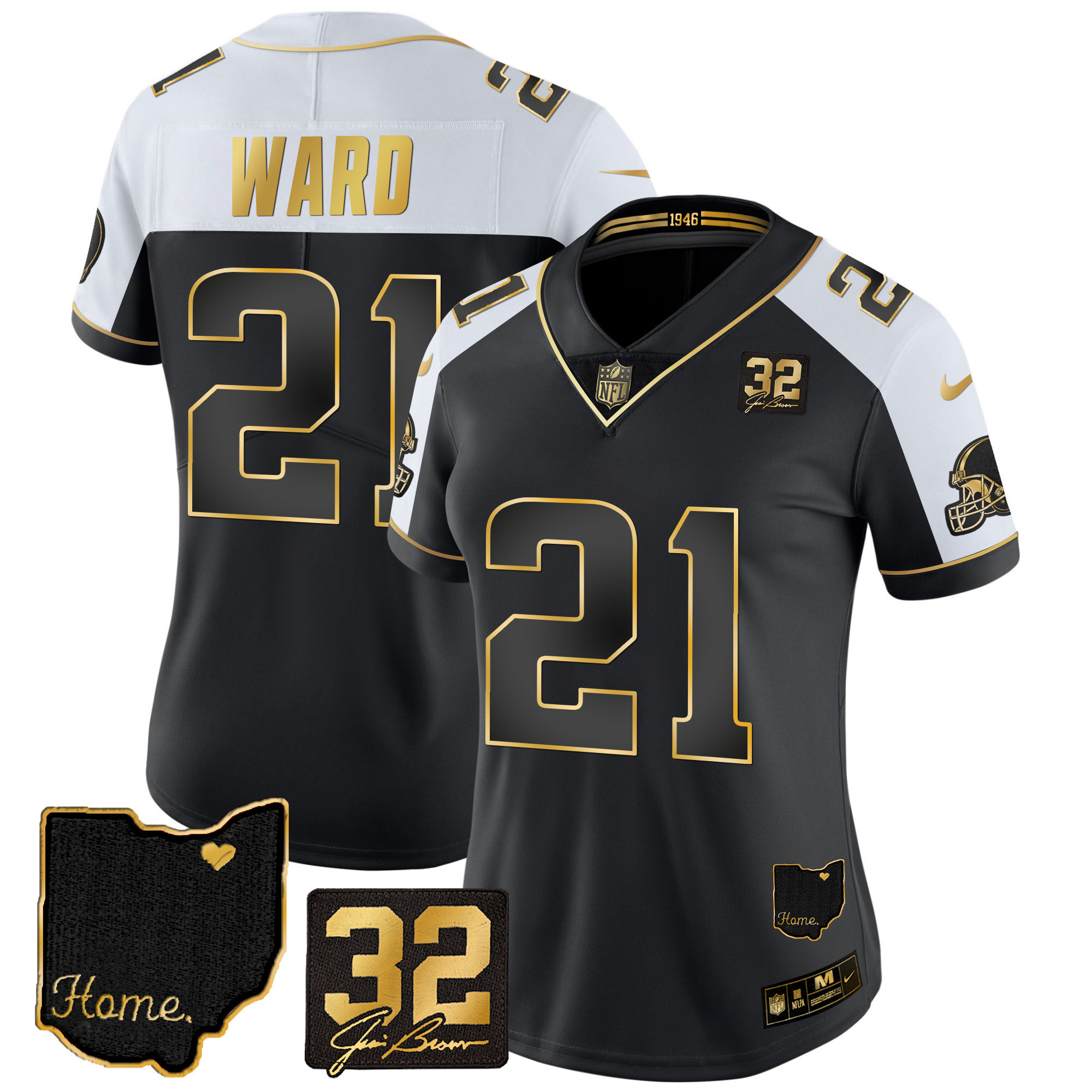 Denzel Ward Women's Cleveland Browns #32 Jim Brown Memorial & Home Patch Gold Alternate Jersey - All Stitched