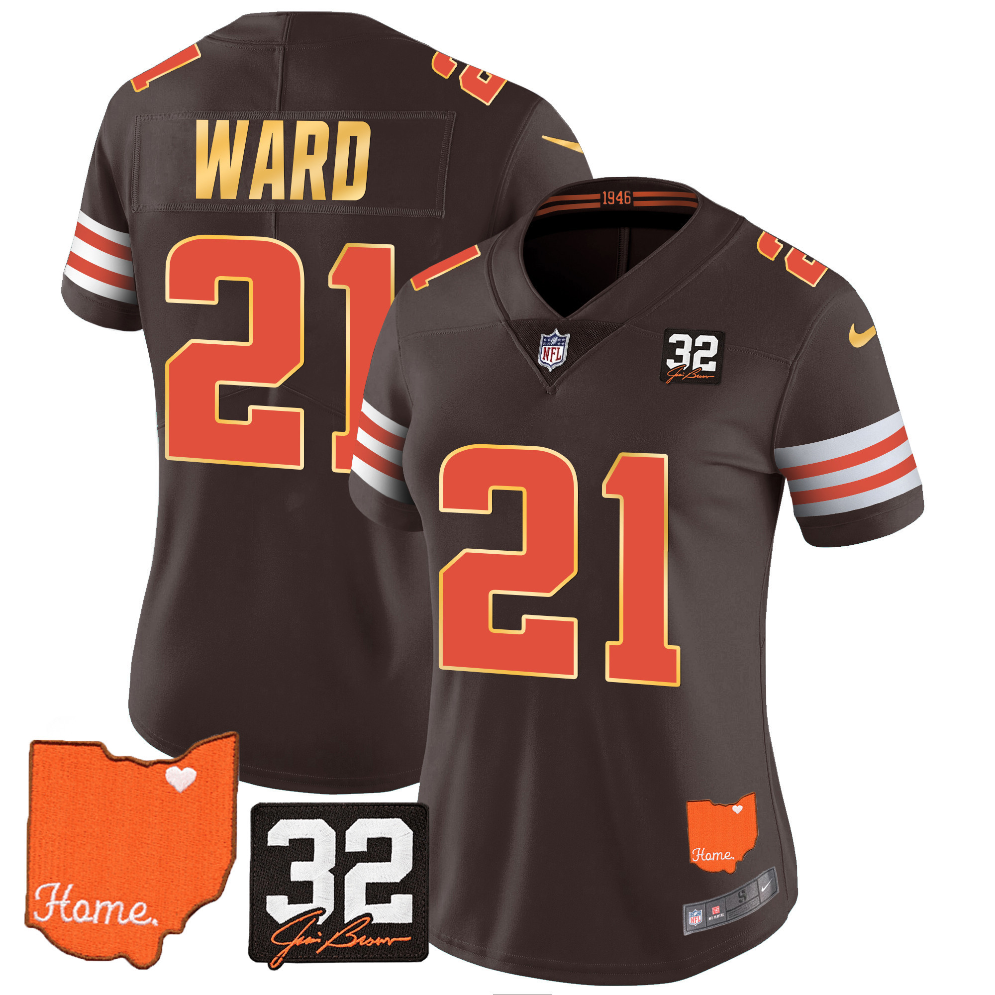Denzel Ward Women's Cleveland Browns #32 Jim Brown Memorial & Home Patch Gold Trim Brown Jersey - All Stitched