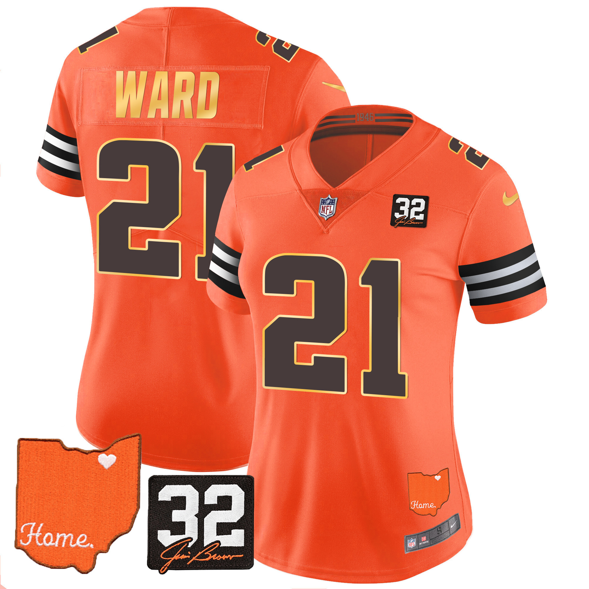 Denzel Ward Women's Cleveland Browns #32 Jim Brown Memorial & Home Patch Gold Trim Orange Jersey - All Stitched