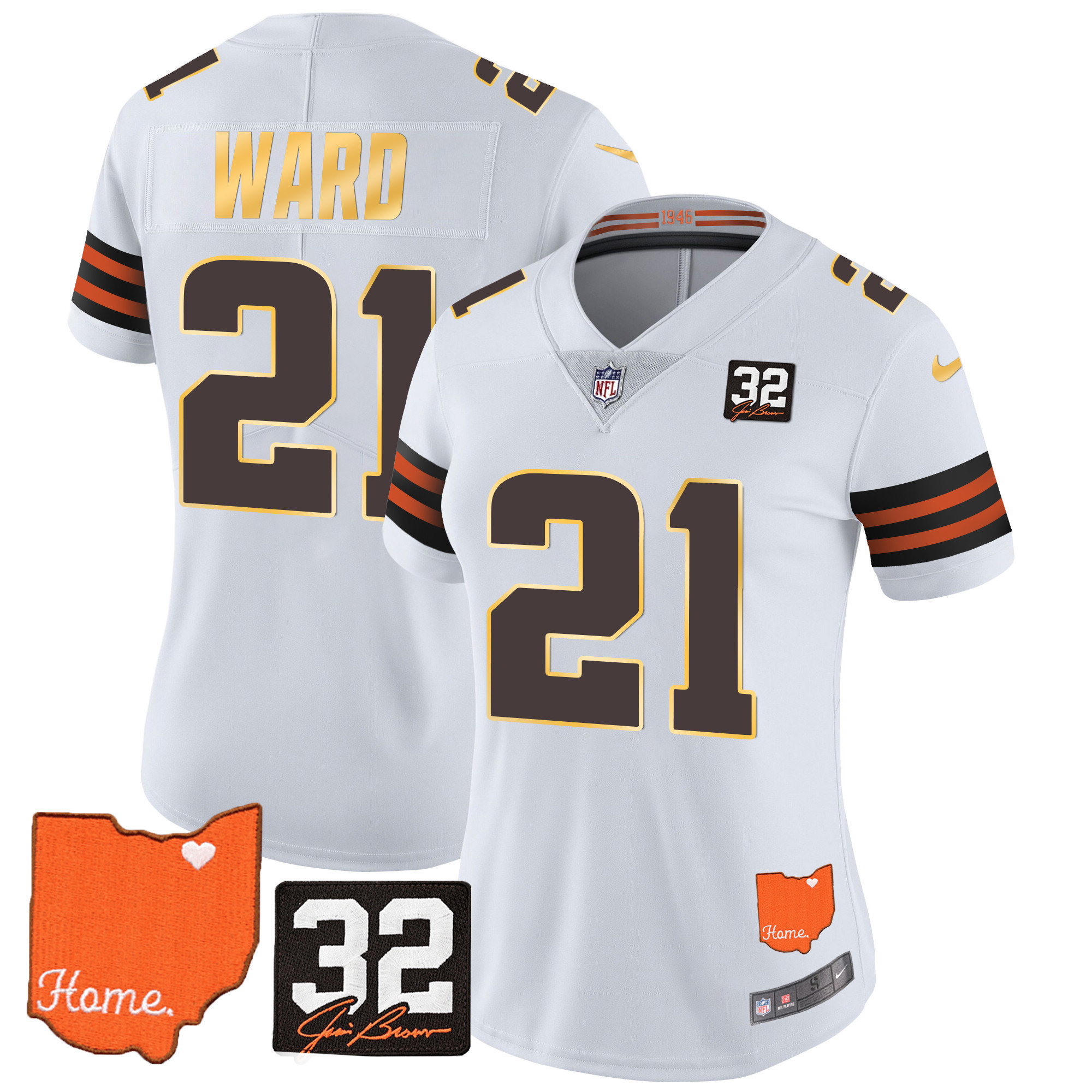 Denzel Ward Women's Cleveland Browns #32 Jim Brown Memorial & Home Patch Gold Trim White Jersey - All Stitched