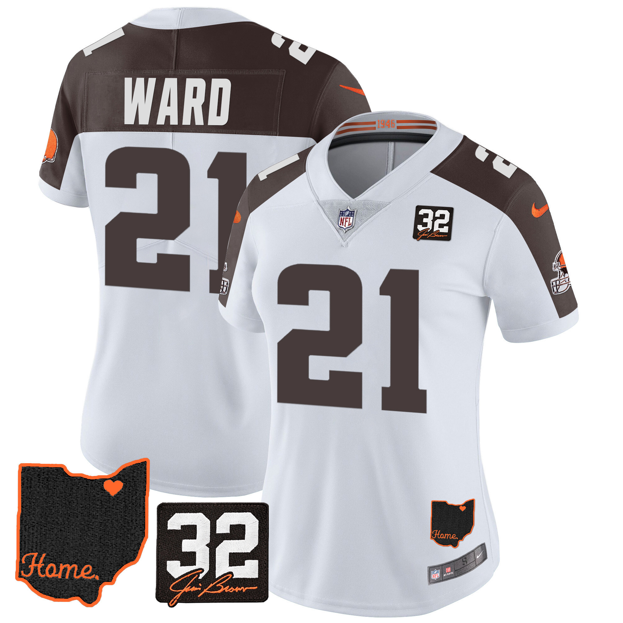Denzel Ward Women's Cleveland Browns #32 Jim Brown Memorial & Home Patch Inverted Jersey - All Stitched