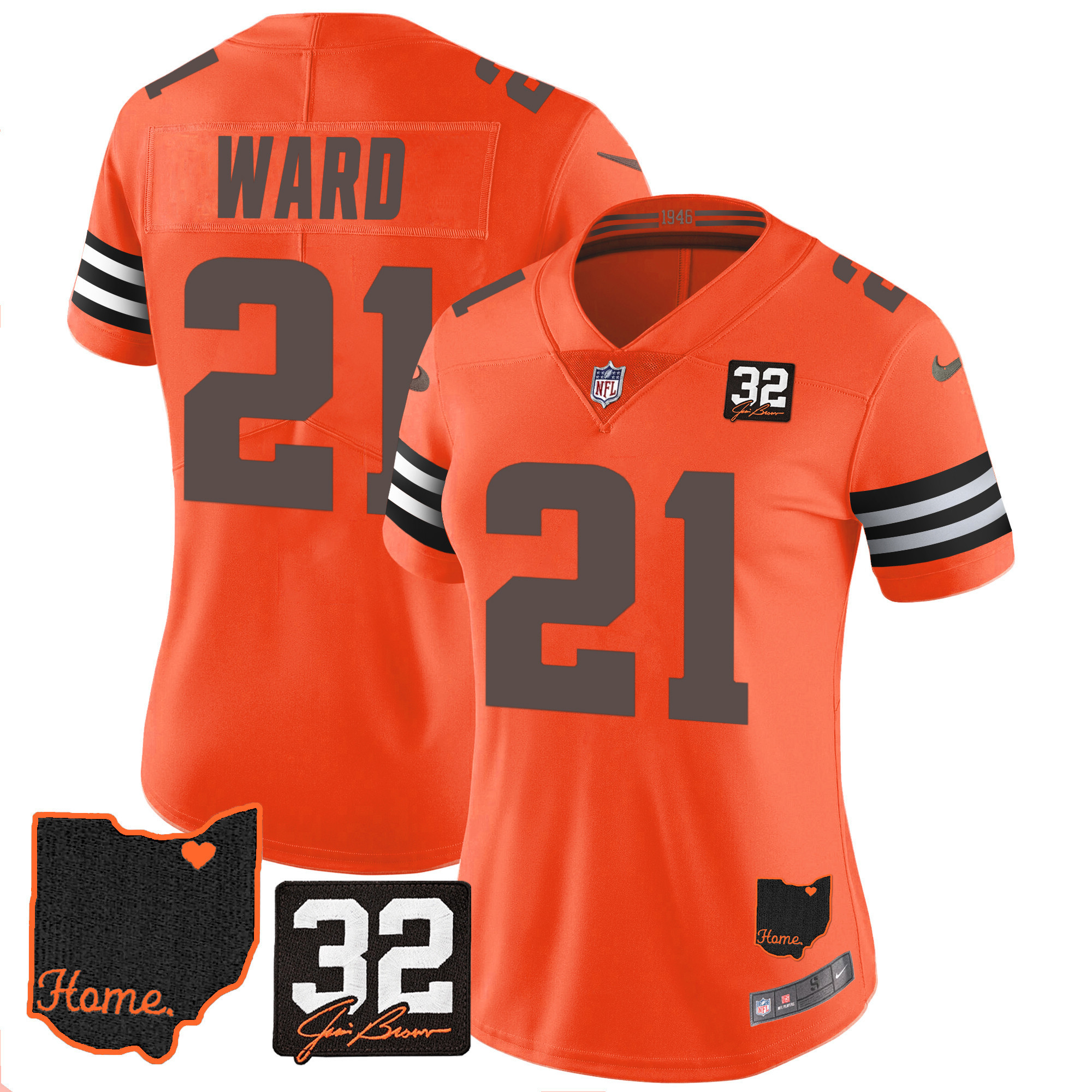 Denzel Ward Women's Cleveland Browns #32 Jim Brown Memorial & Home Patch Orange Jersey - All Stitched