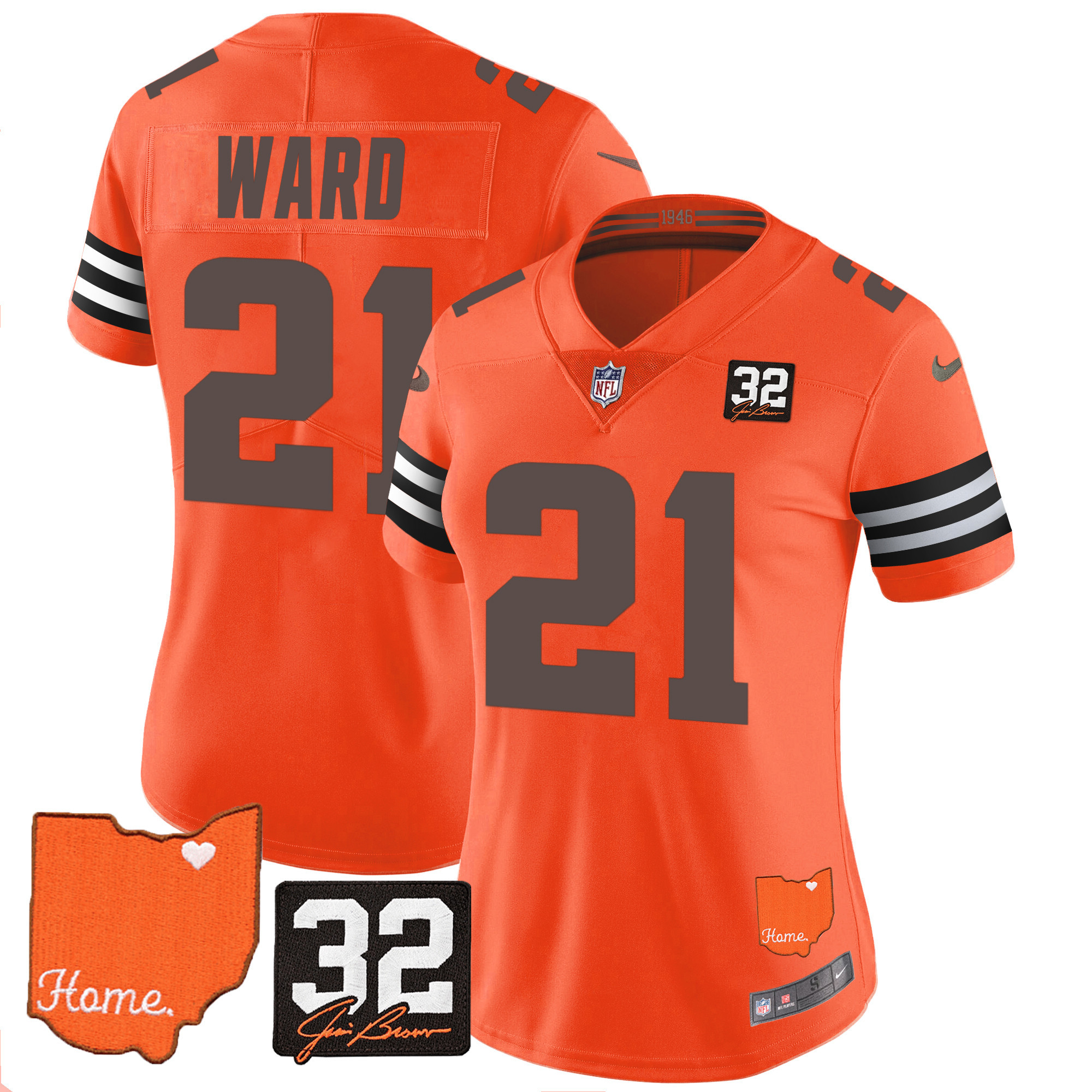 Denzel Ward Women's Cleveland Browns #32 Jim Brown Memorial & Home Patch Orange Jersey - All Stitched
