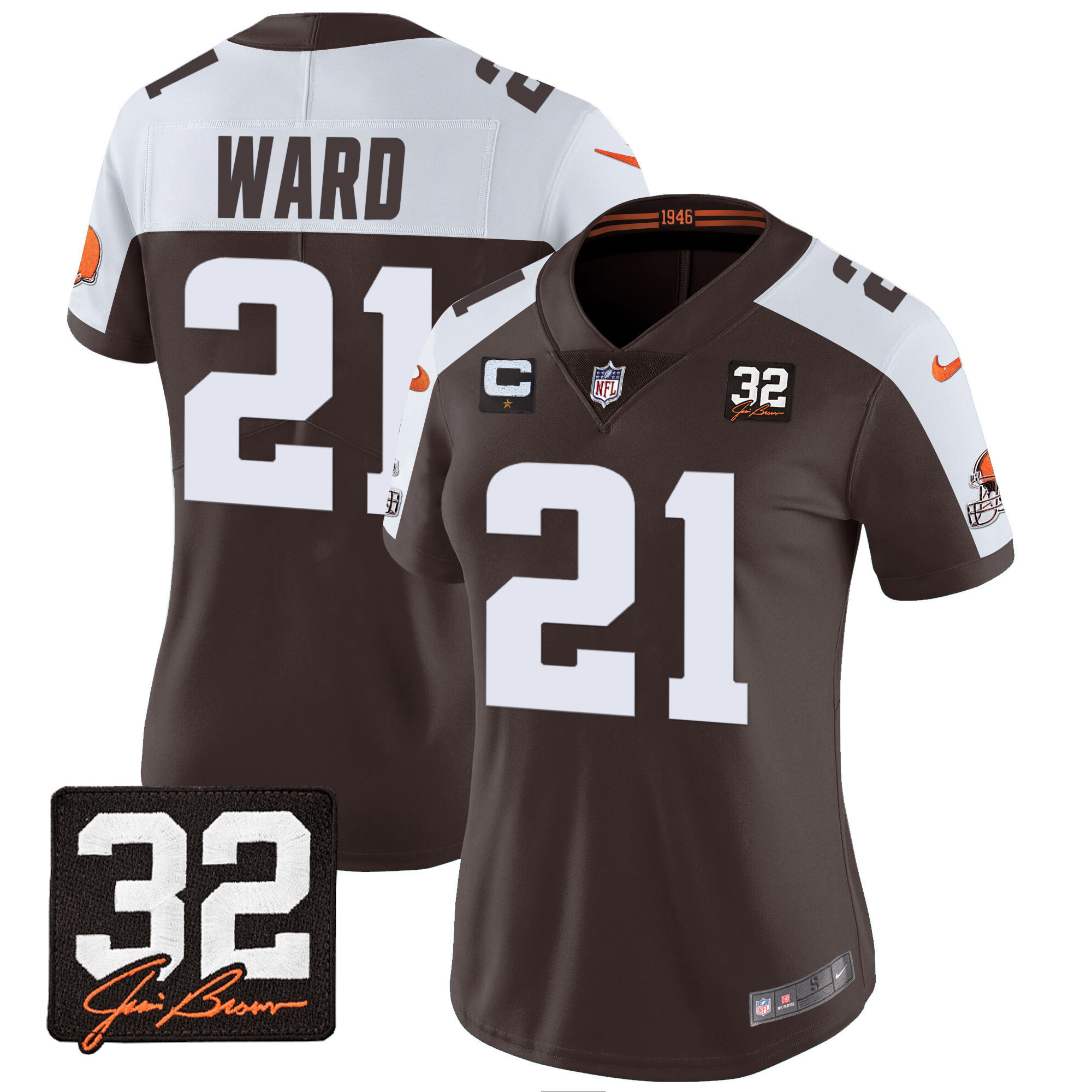 Denzel Ward Women's Cleveland Browns #32 Jim Brown Memorial Patch Alternate Jersey - All Stitched