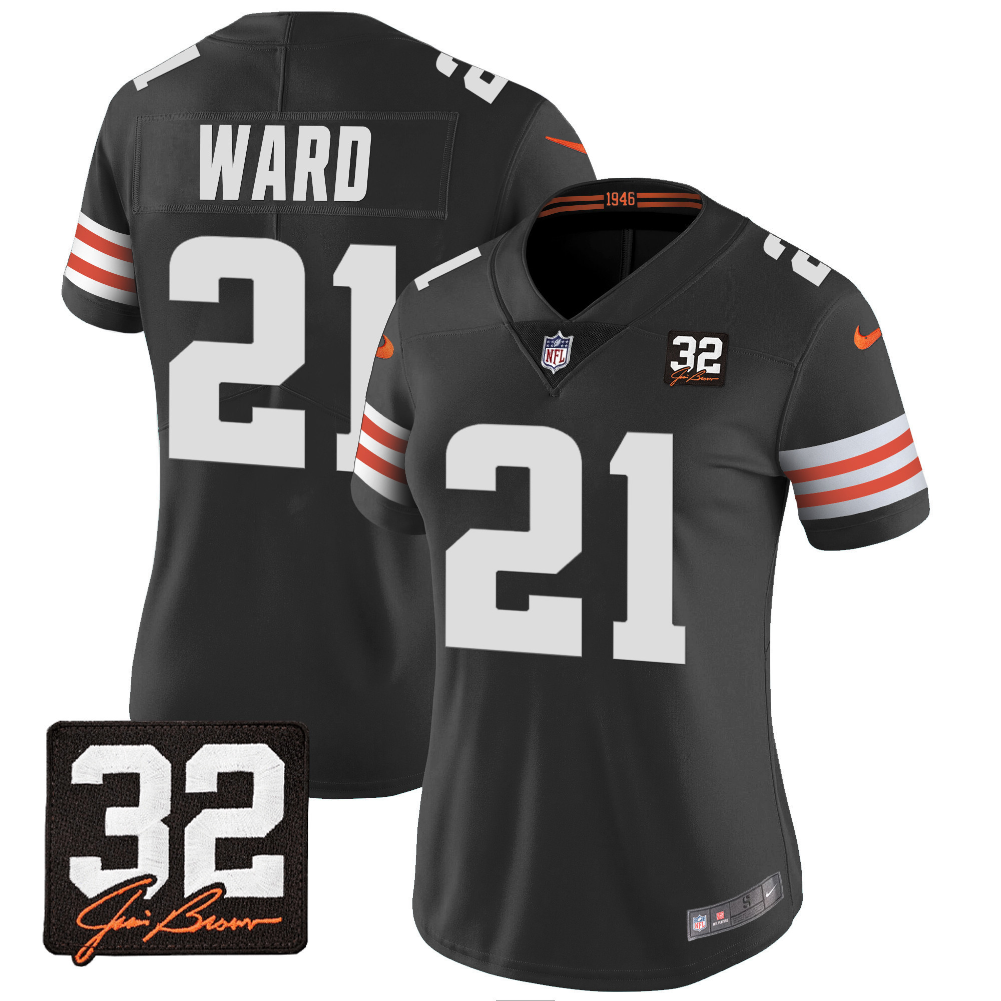 Denzel Ward Women's Cleveland Browns #32 Jim Brown Memorial Patch Black Jersey - All Stitched