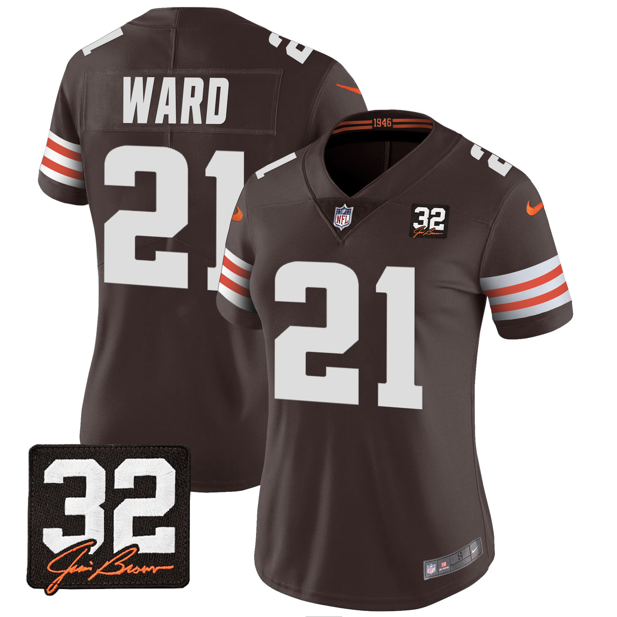 Denzel Ward Women's Cleveland Browns #32 Jim Brown Memorial Patch Brown Jersey - All Stitched