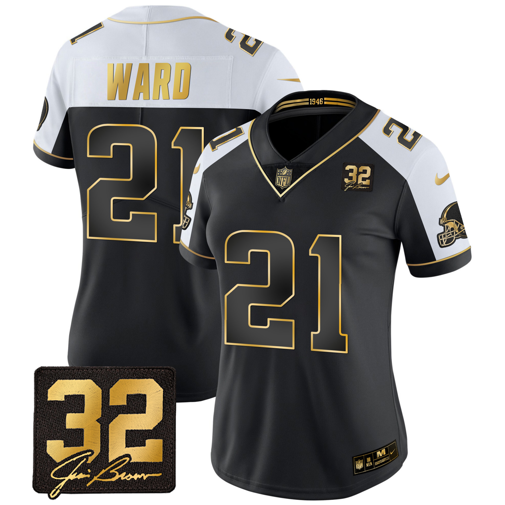 Denzel Ward Women's Cleveland Browns #32 Jim Brown Memorial Patch Gold Alternate Jersey - All Stitched