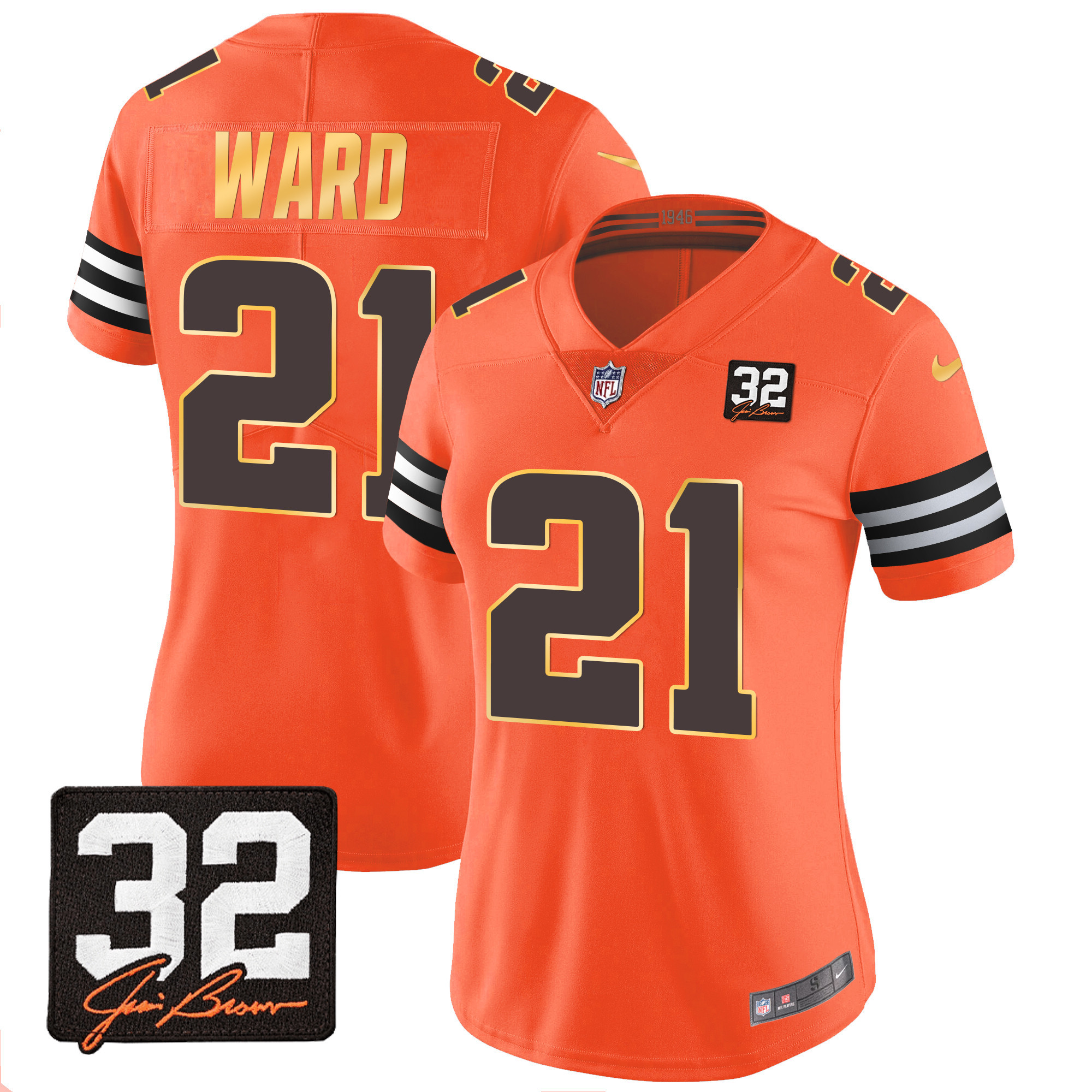 Denzel Ward Women's Cleveland Browns #32 Jim Brown Memorial Patch Gold Trim Orange Jersey - All Stitched