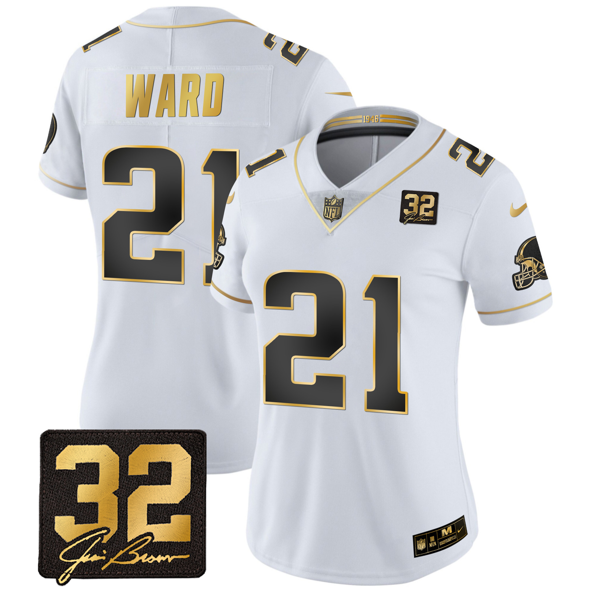 Denzel Ward Women's Cleveland Browns #32 Jim Brown Memorial Patch Gold White Gold Jersey - All Stitched