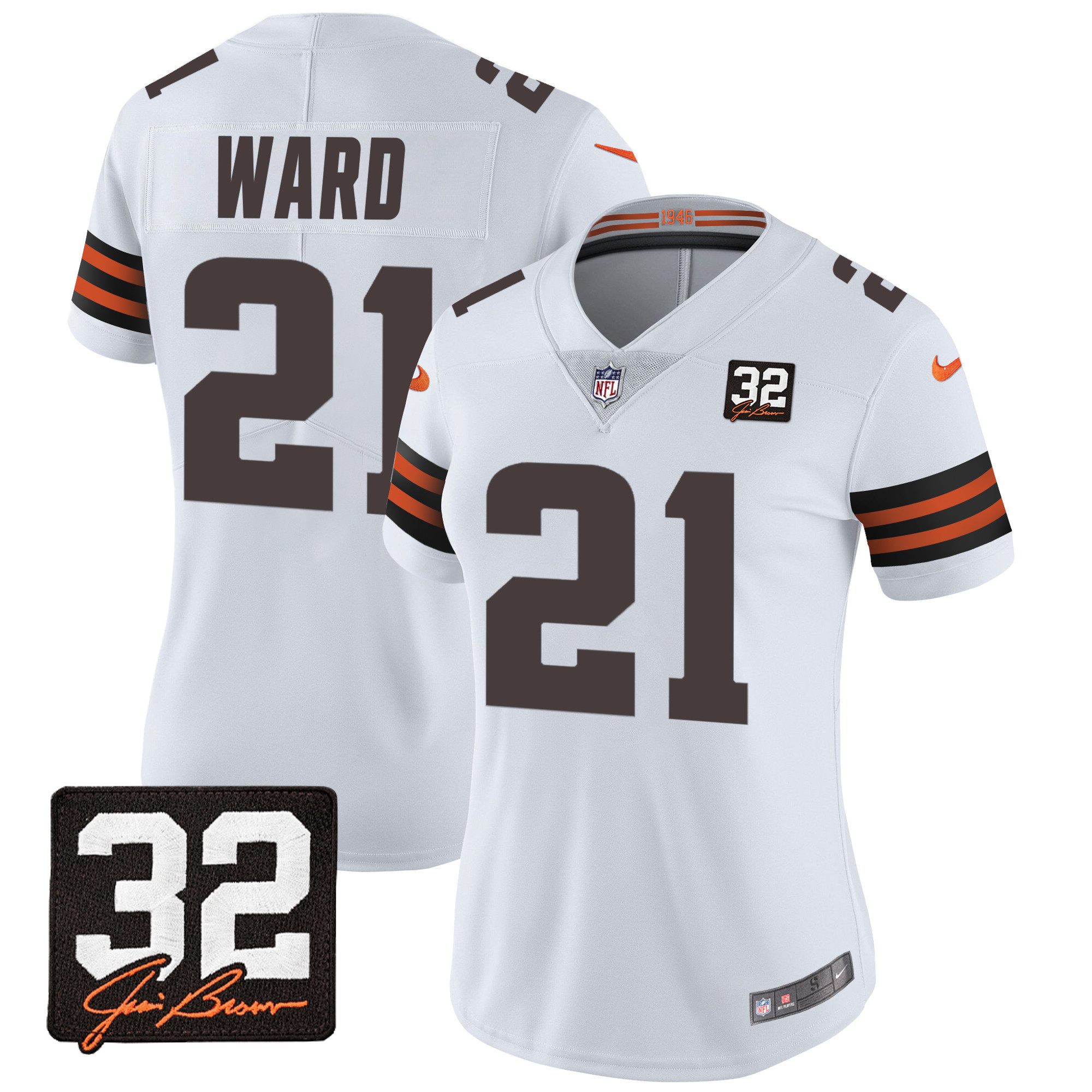 Denzel Ward Women's Cleveland Browns #32 Jim Brown Memorial Patch White Jersey - All Stitched