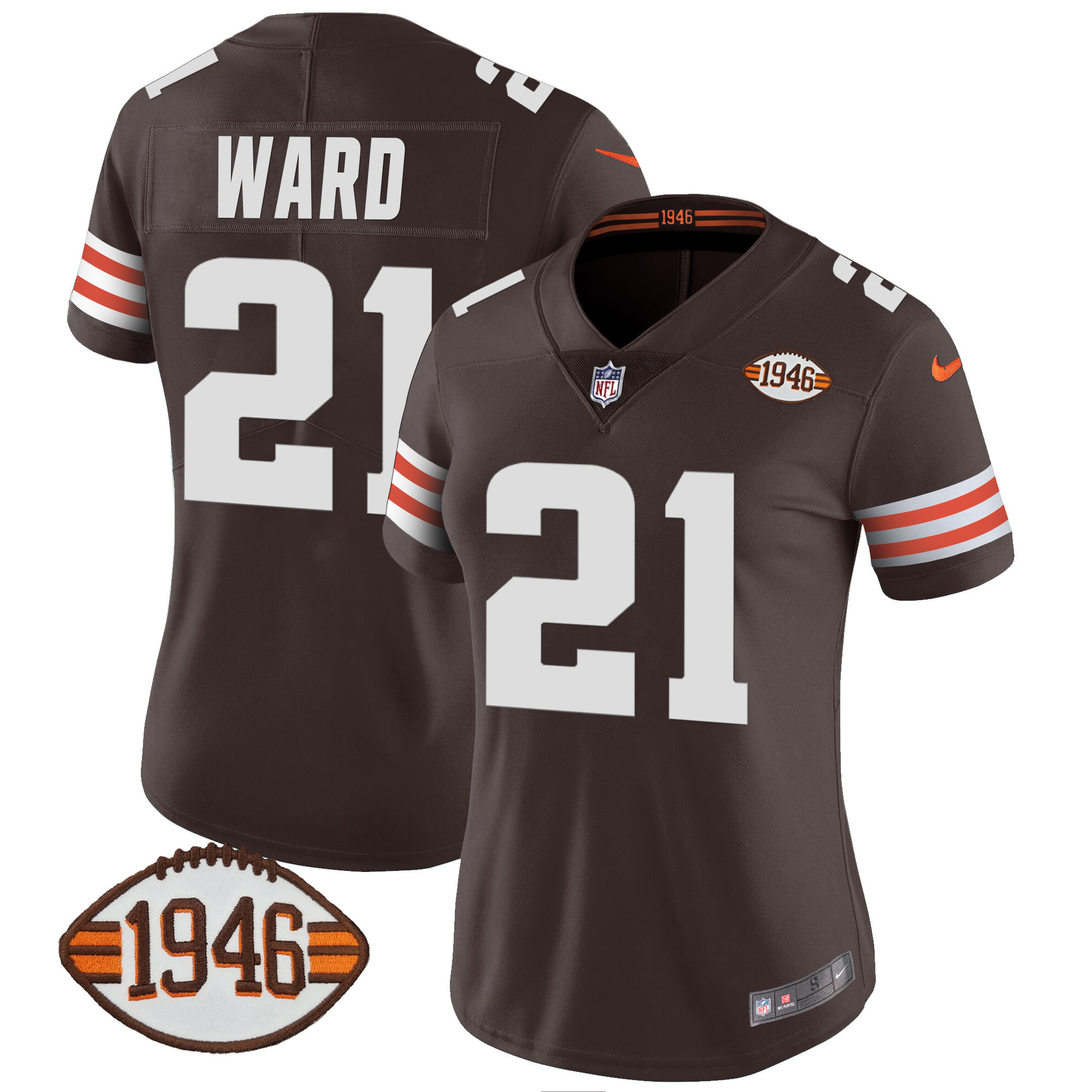 Denzel Ward Women's Cleveland Browns 1946 75th Anniversary Patch Brown Jersey - All Stitched