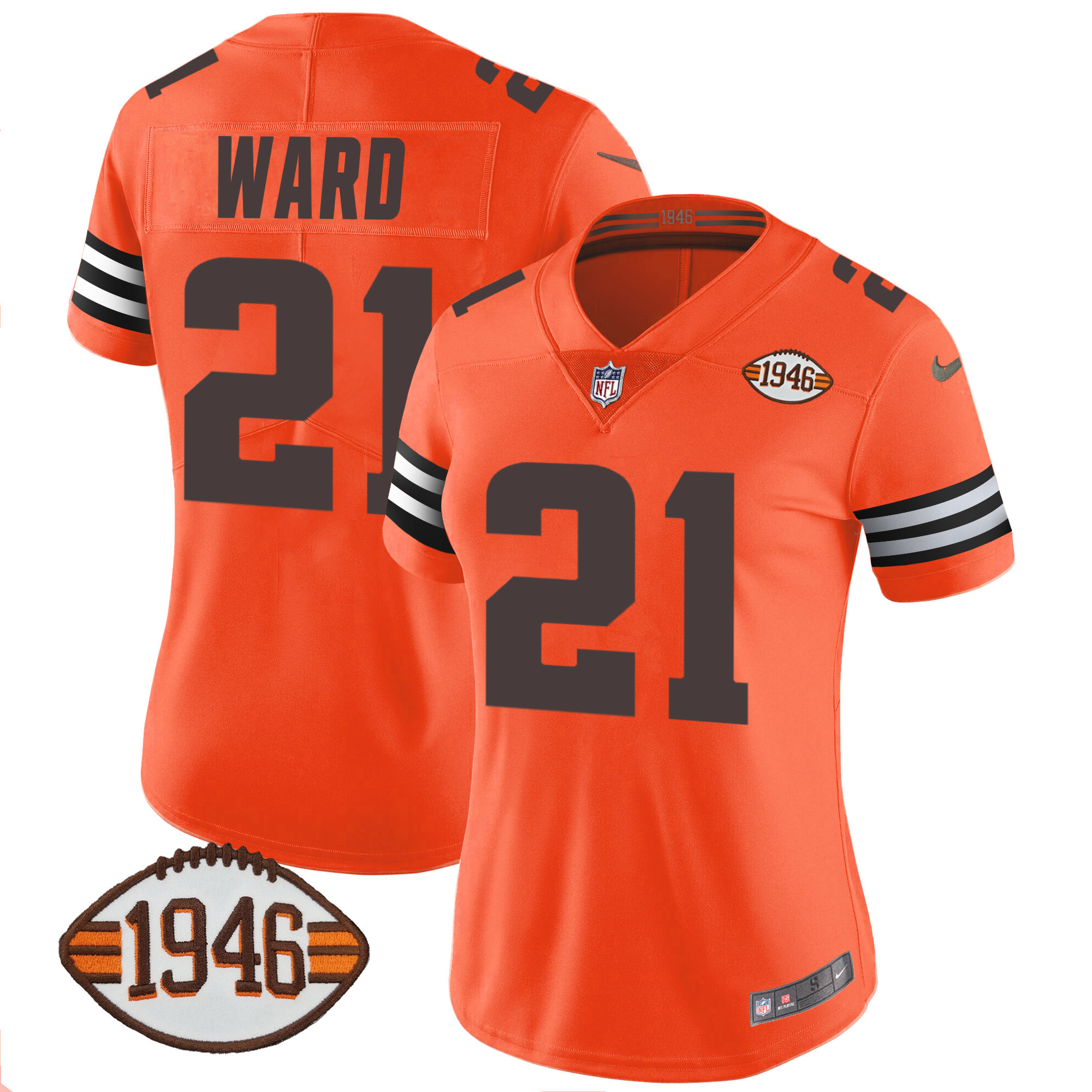 Denzel Ward Women's Cleveland Browns 1946 75th Anniversary Patch Orange Jersey - All Stitched