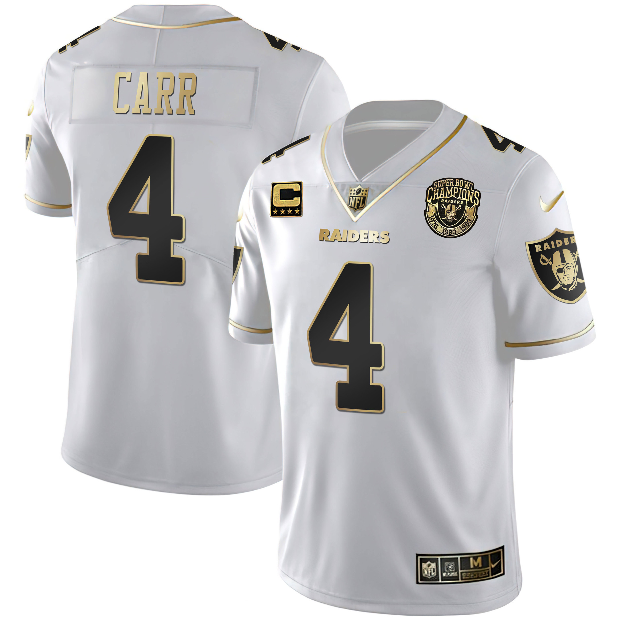 Derek Carr Men's Las Vegas Raiders 1976 - 1980 - 1983 Super Bowl Champions Patch White Gold and Black Gold - All Stitched White Gold Jersey - All Stitched