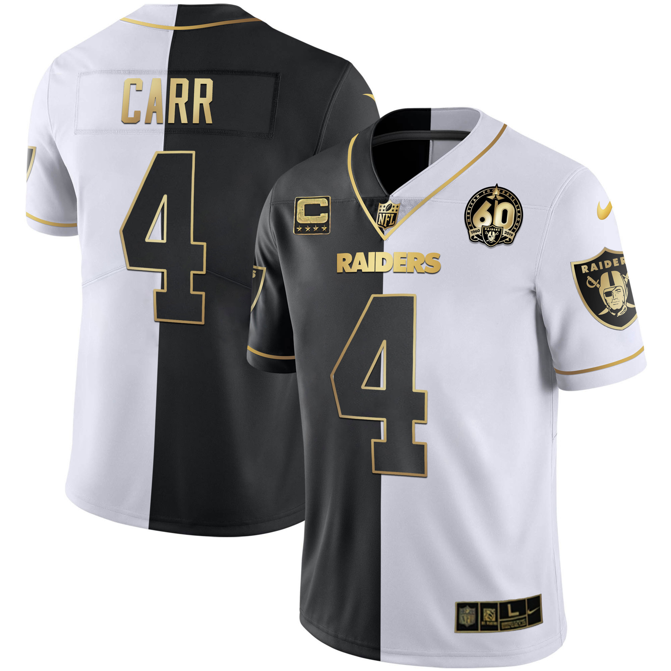 Derek Carr Men's Las Vegas Raiders 60th Season Patch Gold & Split - All Stitched Split Gold Jersey - All Stitched