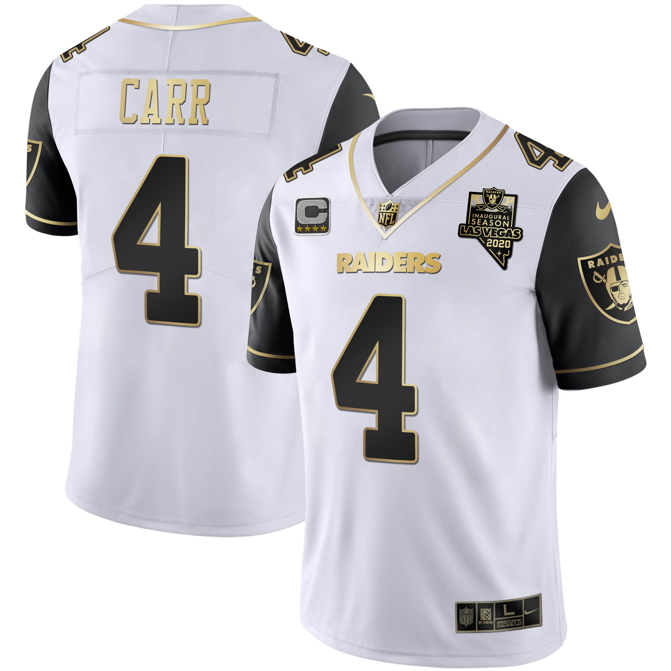 Derek Carr Men's Las Vegas Raiders Alternate Vapor Black Gold & Black Inverted Limited Inaugural Season Patch - All Stitched Black Sleeves Jersey - All Stitched