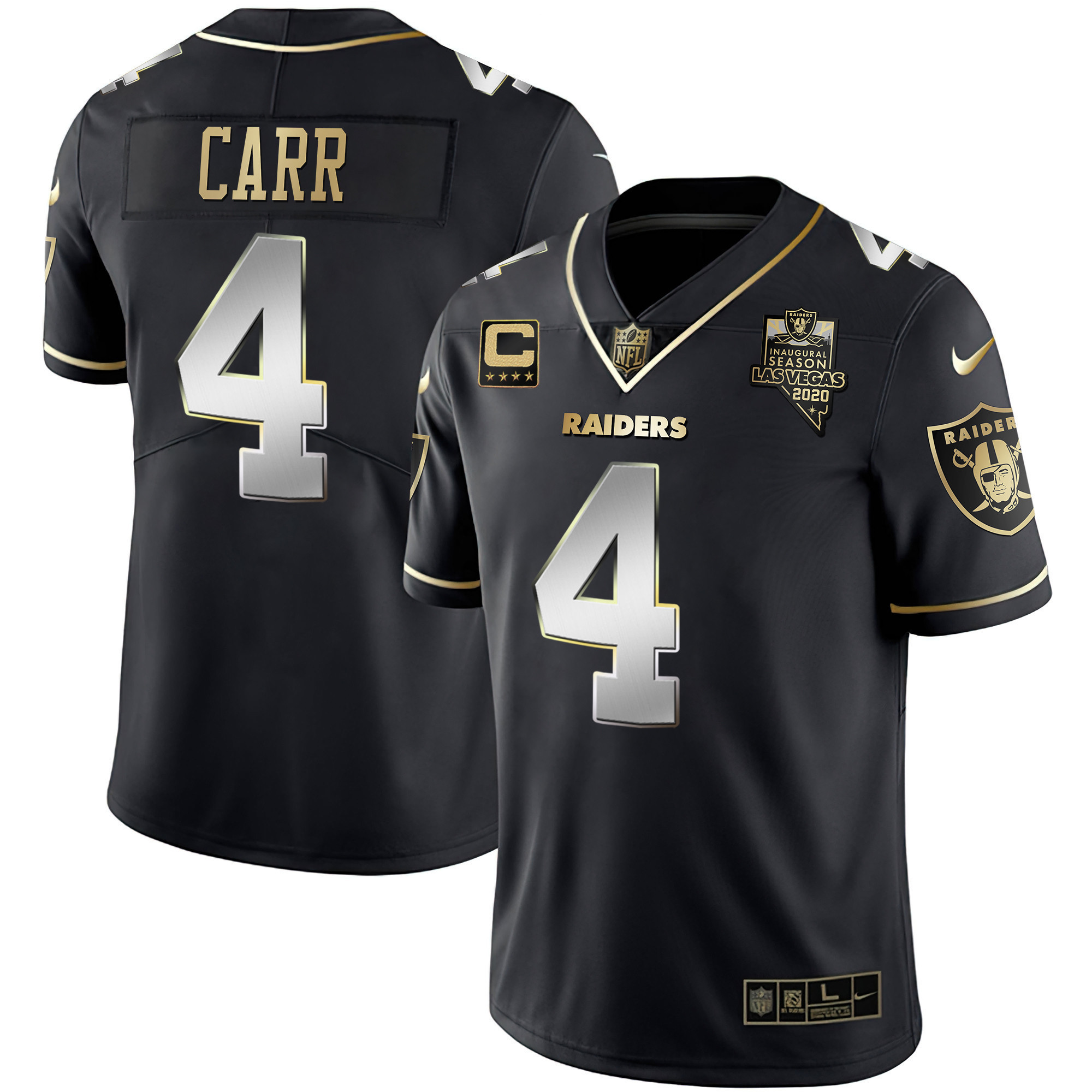 Derek Carr Men's Las Vegas Raiders Inaugural Season Patch Gold & Split - All Stitched Black Limited Jersey - All Stitched