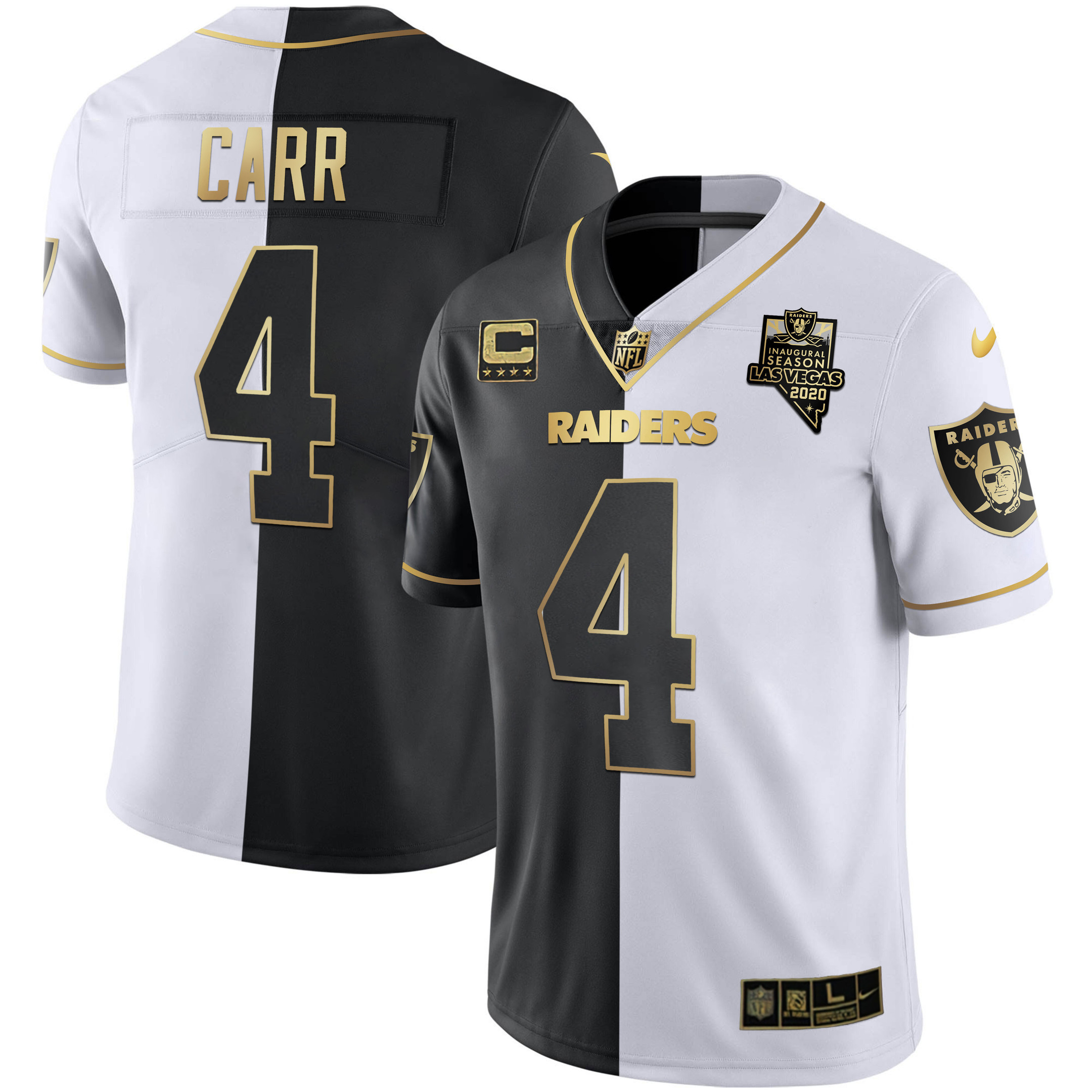 Derek Carr Men's Las Vegas Raiders Inaugural Season Patch Gold & Split - All Stitched Split Gold Jersey - All Stitched