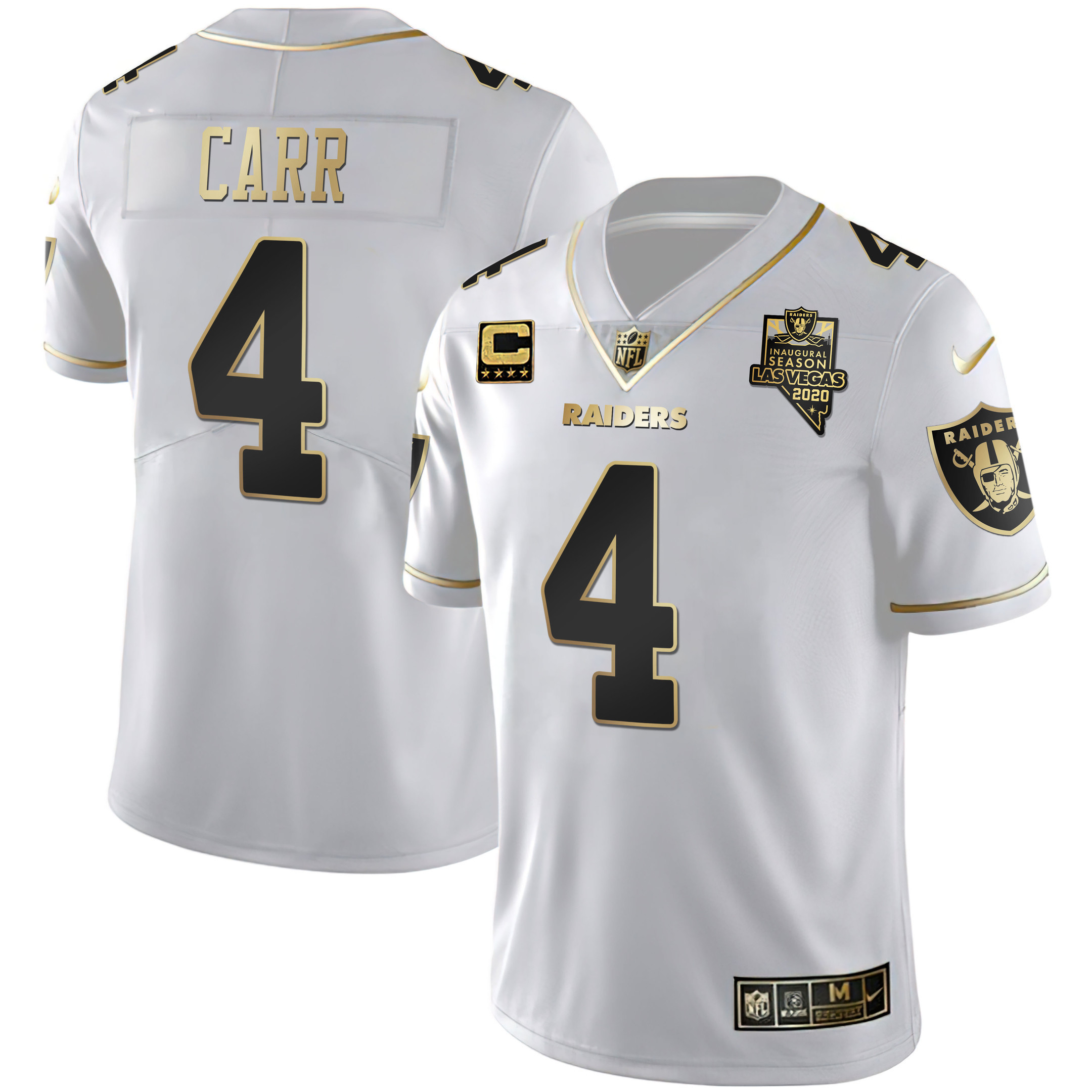 Derek Carr Men's Las Vegas Raiders Inaugural Season Patch Gold & Split - All Stitched White Gold Jersey - All Stitched