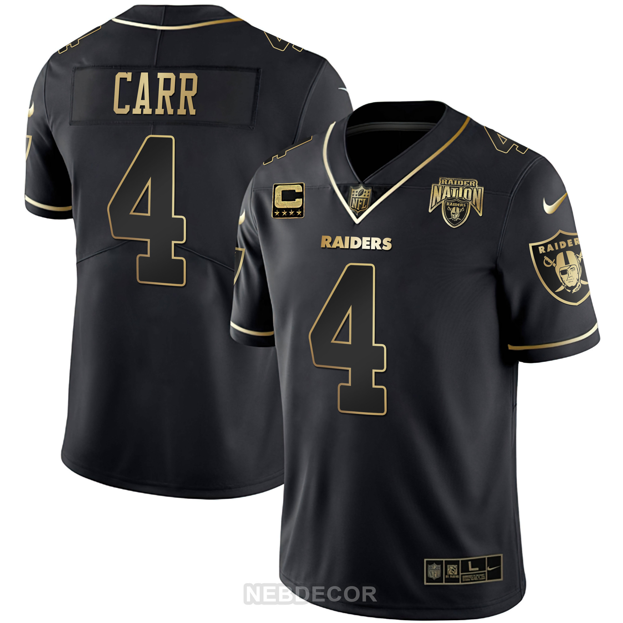 Derek Carr Men's Las Vegas Raiders Raider Nation Patch White Gold and Black Gold Black Gold Jersey - All Stitched