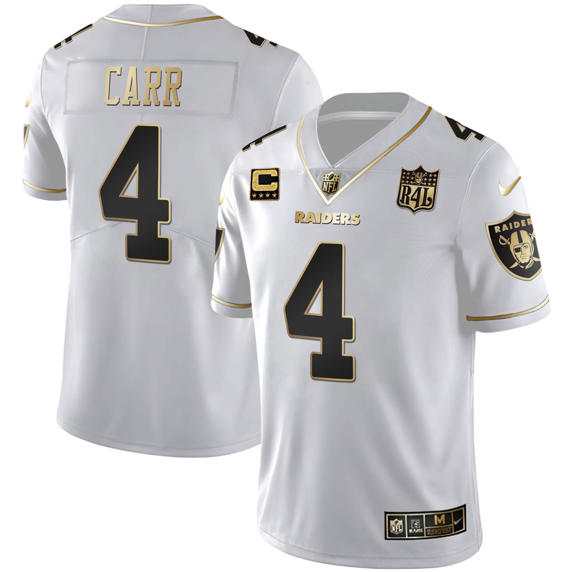 Derek Carr Men's Las Vegas Raiders Raider4Life Patch White Gold and Black Gold - All Stitched White Gold Jersey - All Stitched