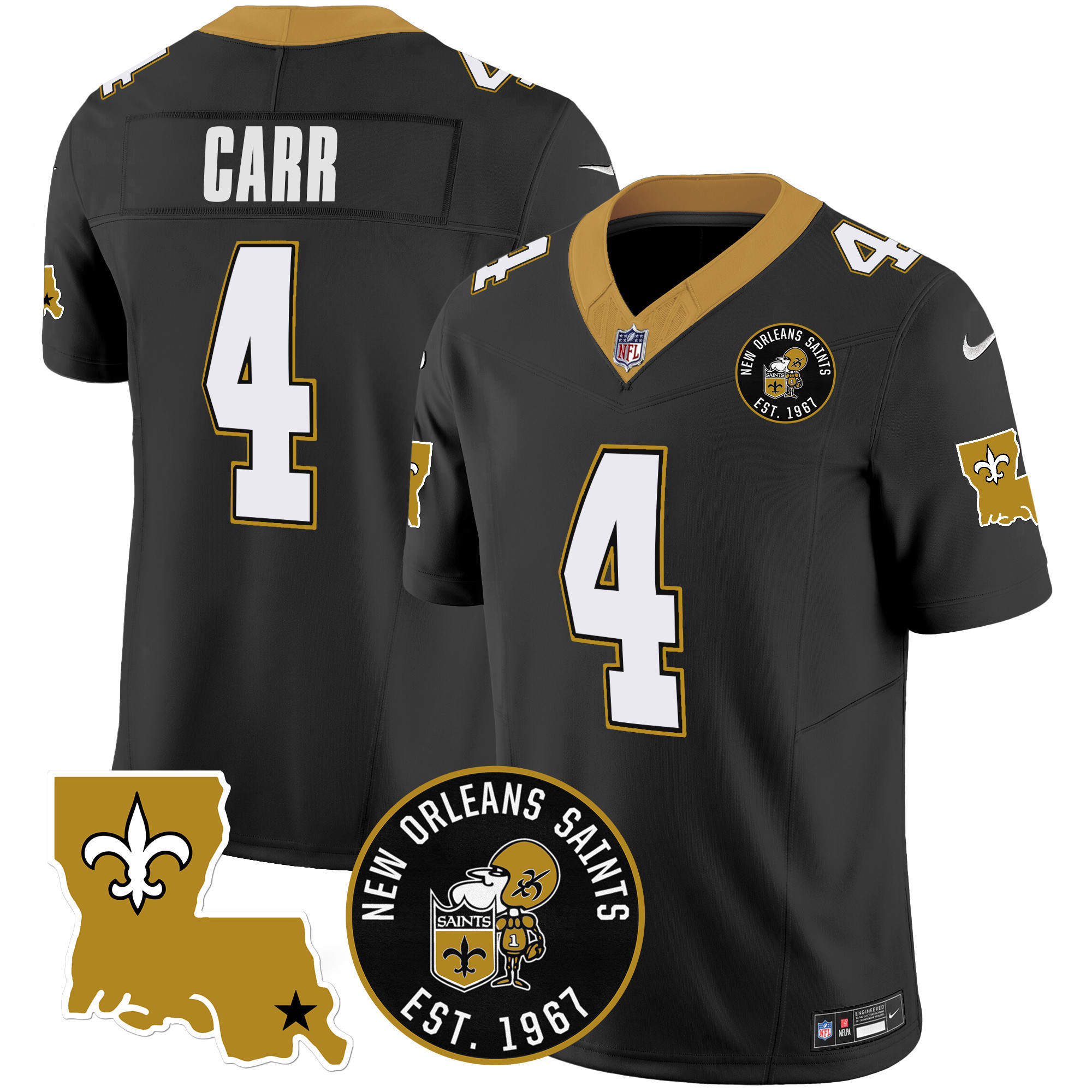 Derek Carr Men's New Orleans Saints EST. 1967 Patch Vapor Black Jersey - All Stitched