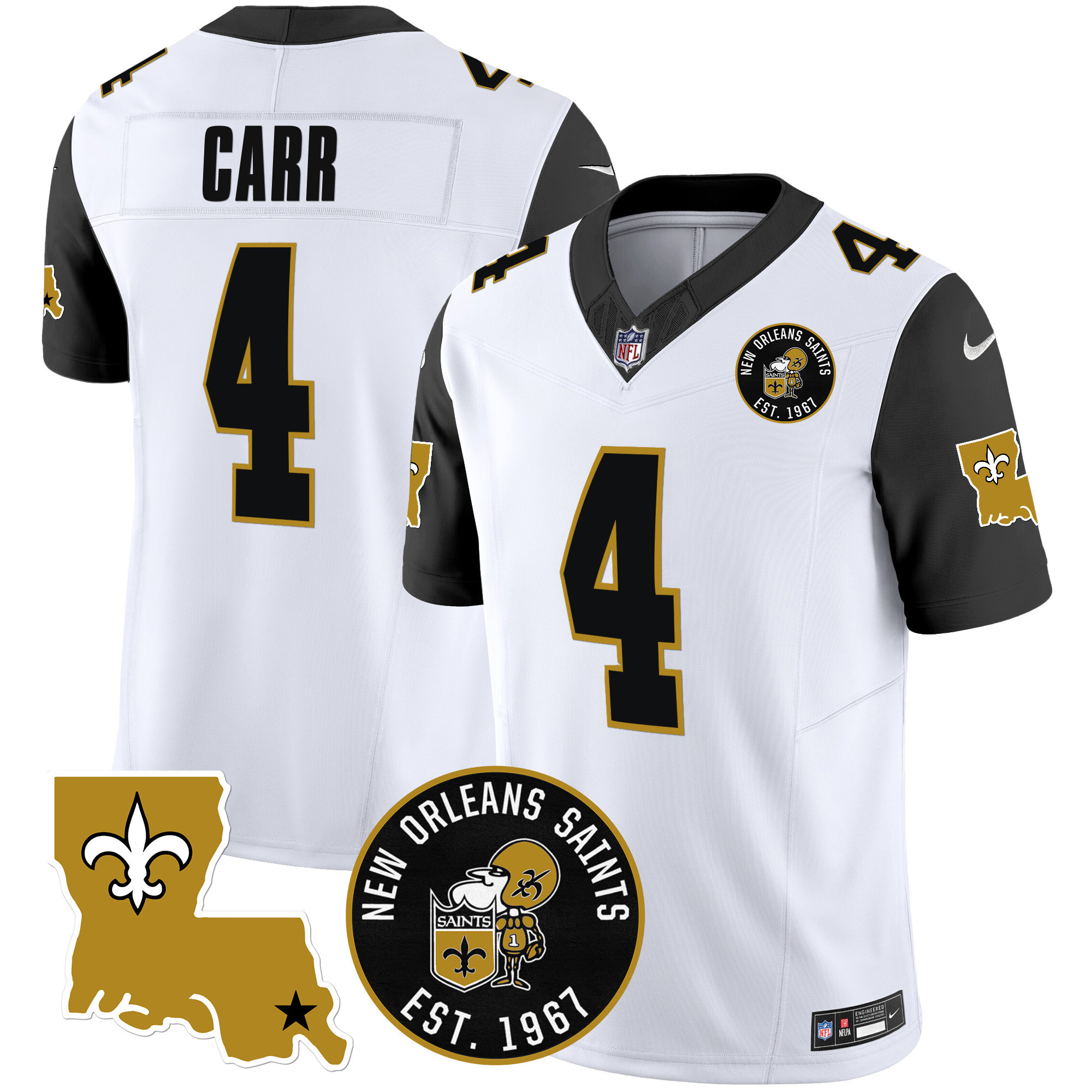 Derek Carr Men's New Orleans Saints EST. 1967 Patch Vapor Black Sleeves Jersey - All Stitched