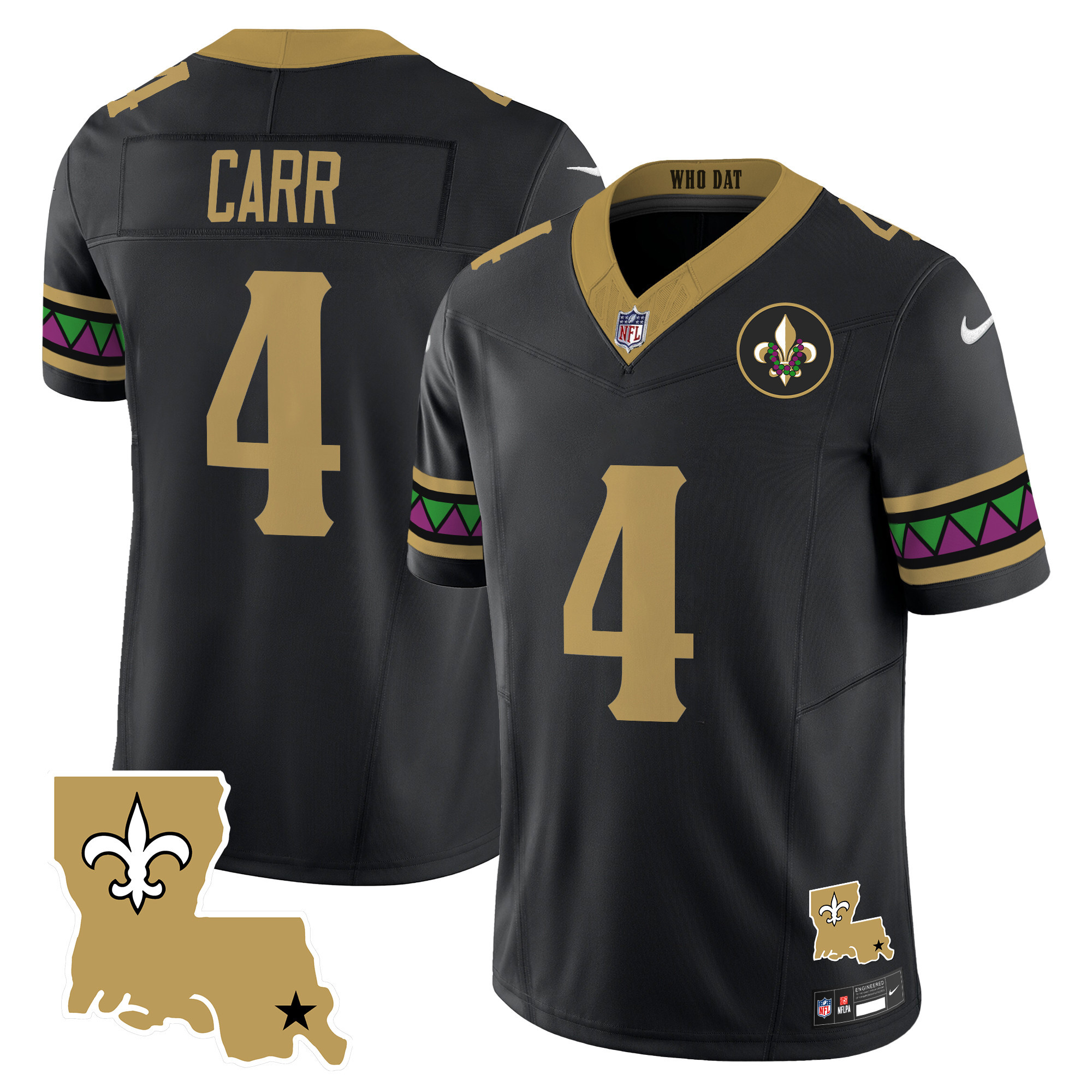 Derek Carr Men's New Orleans Saints Mardi Gras Vapor Limited Black Jersey - All Stitched