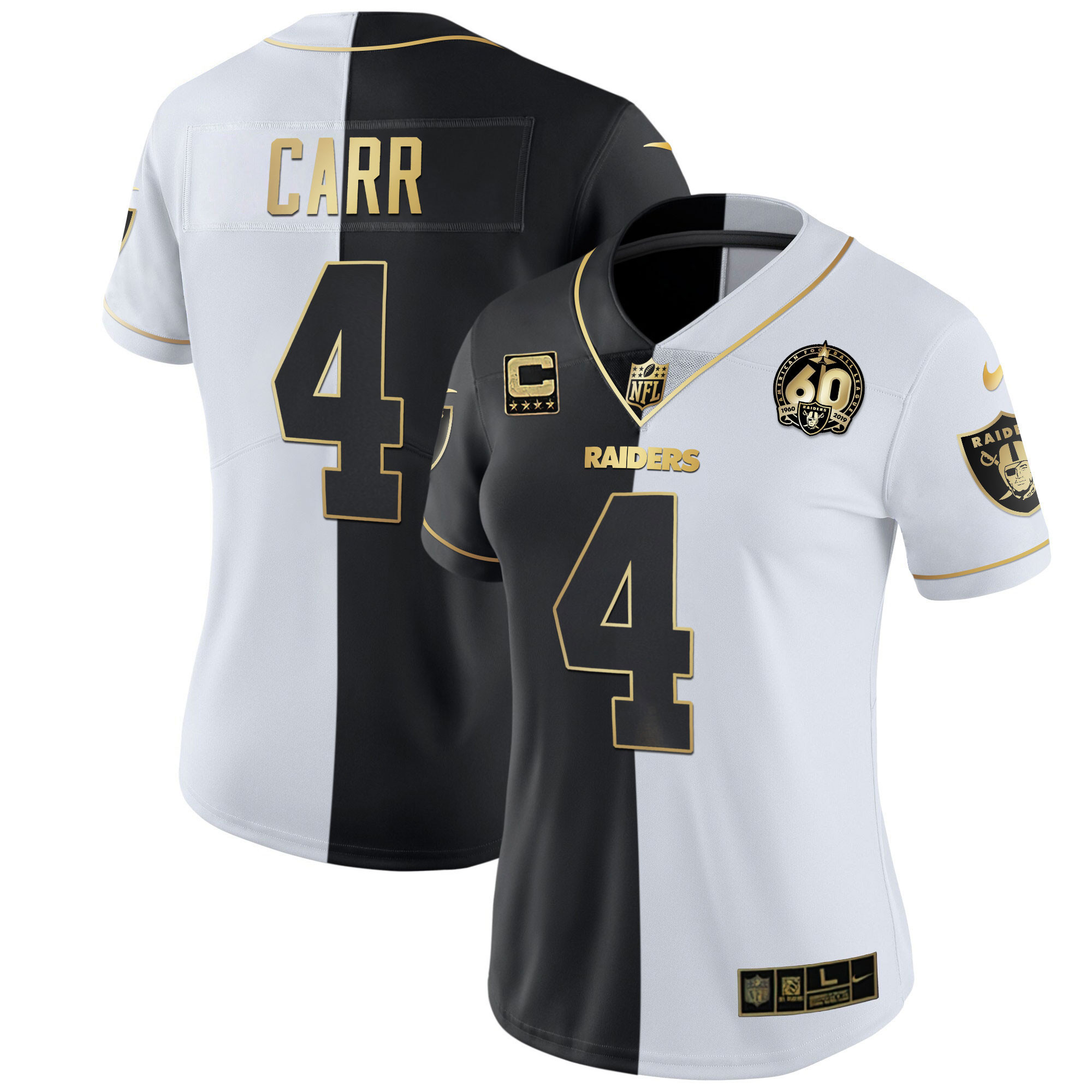 Derek Carr Women's Las Vegas Raiders 60th Season Patch Gold & Split - All Stitched Split Gold Jersey - All Stitched