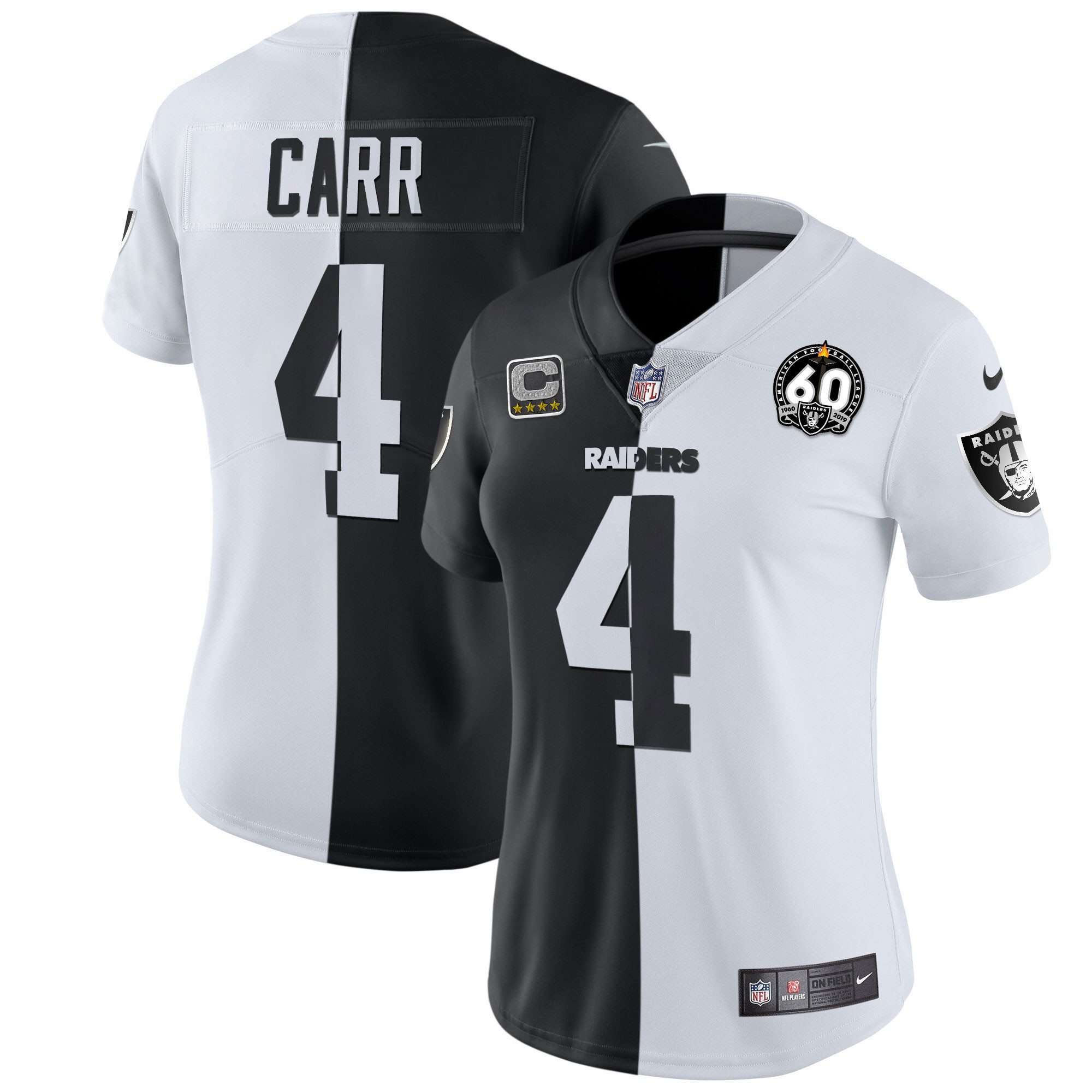 Derek Carr Women's Las Vegas Raiders 60th Season Patch Gold & Split - All Stitched Split Jersey - All Stitched