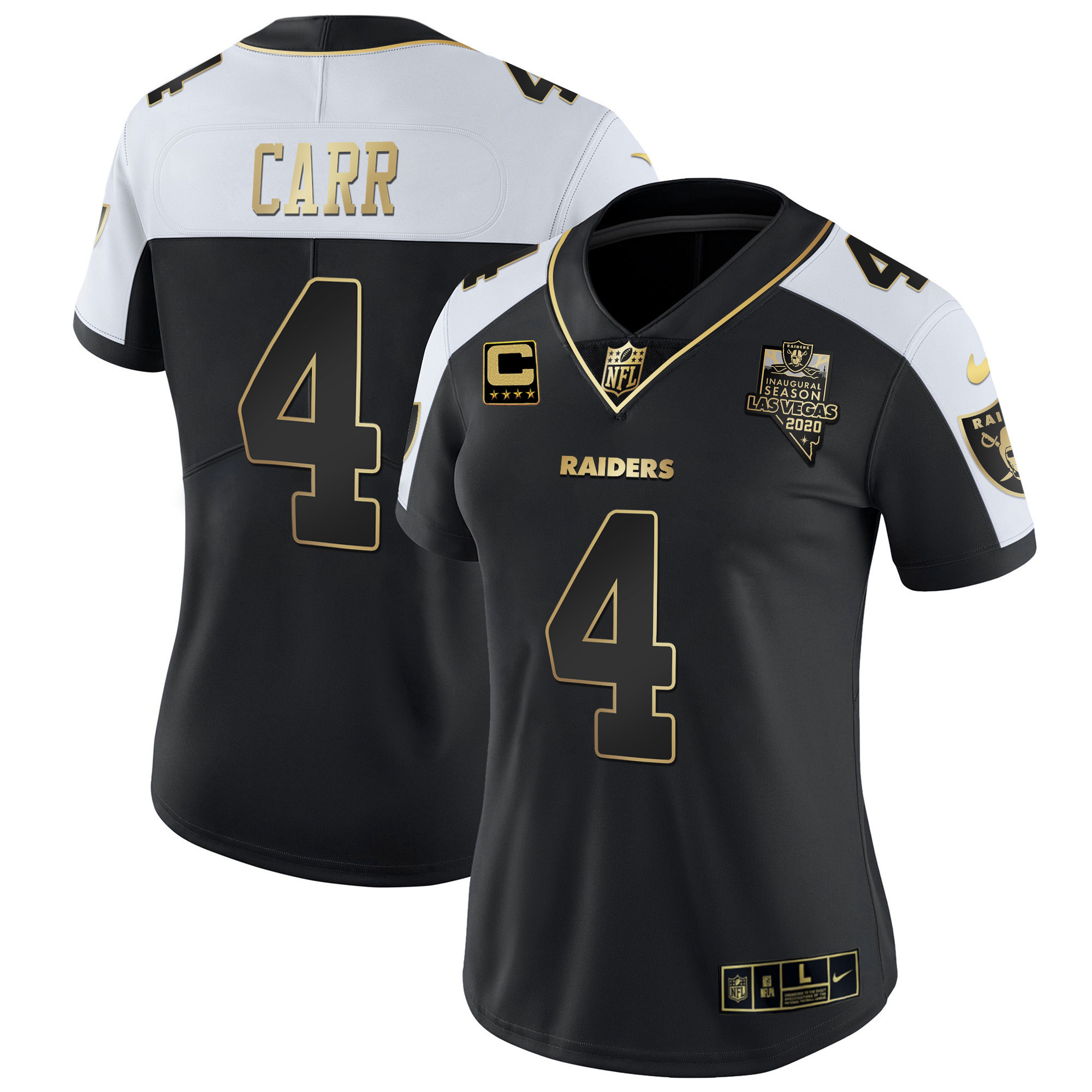 Derek Carr Women's Las Vegas Raiders Inaugural Season Patch Gold & Split - All Stitched Alternate Jersey - All Stitched
