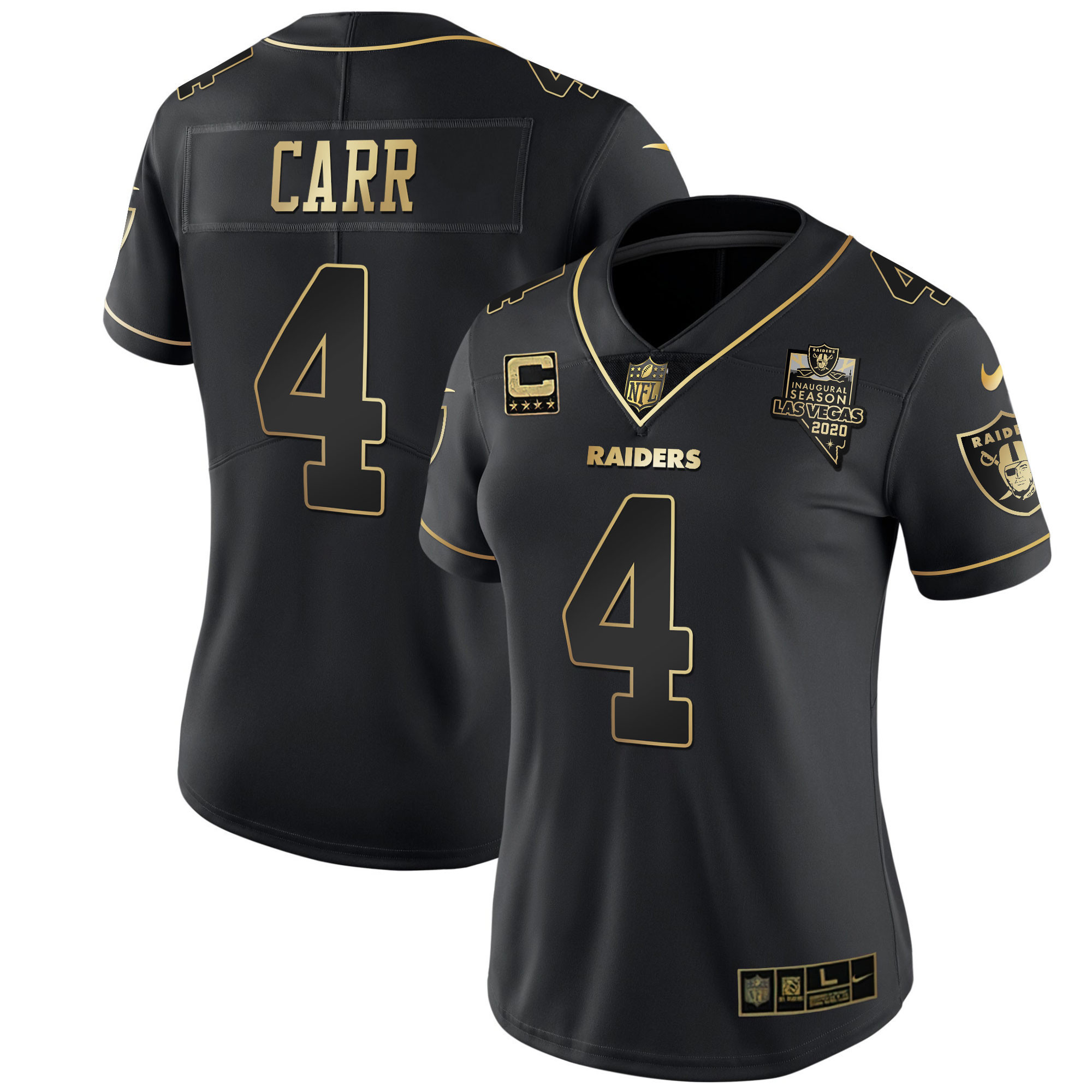 Derek Carr Women's Las Vegas Raiders Inaugural Season Patch Gold & Split - All Stitched Black Gold Jersey - All Stitched
