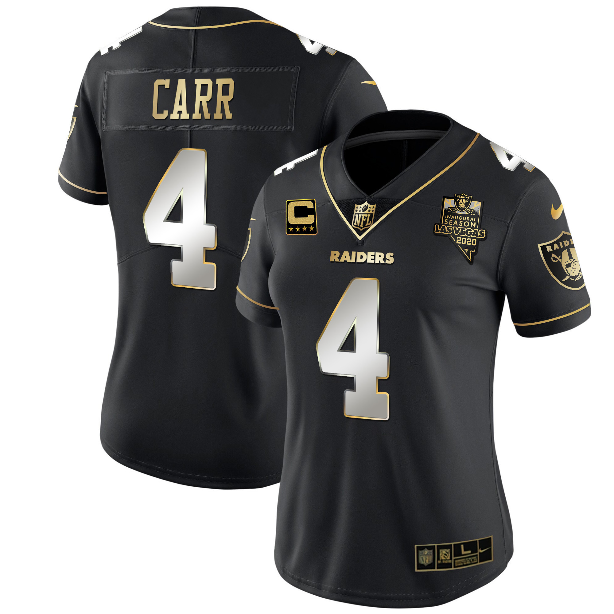 Derek Carr Women's Las Vegas Raiders Inaugural Season Patch Gold & Split - All Stitched Black Limited Jersey - All Stitched