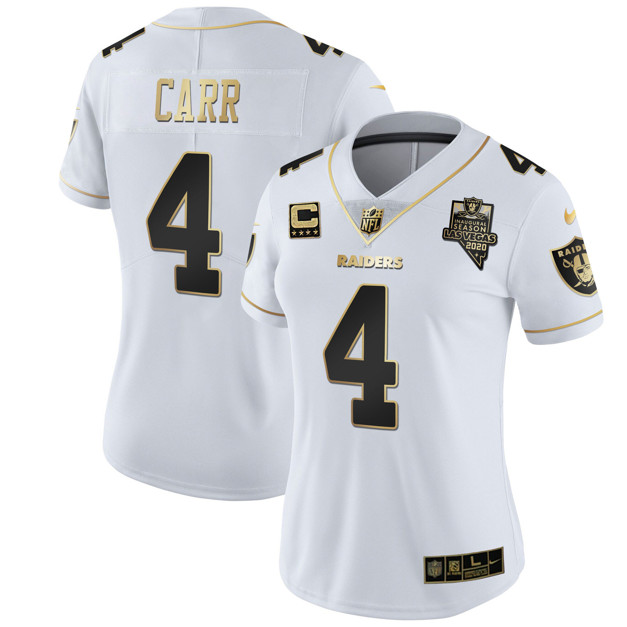 Derek Carr Women's Las Vegas Raiders Inaugural Season Patch Gold & Split - All Stitched White Gold Jersey - All Stitched