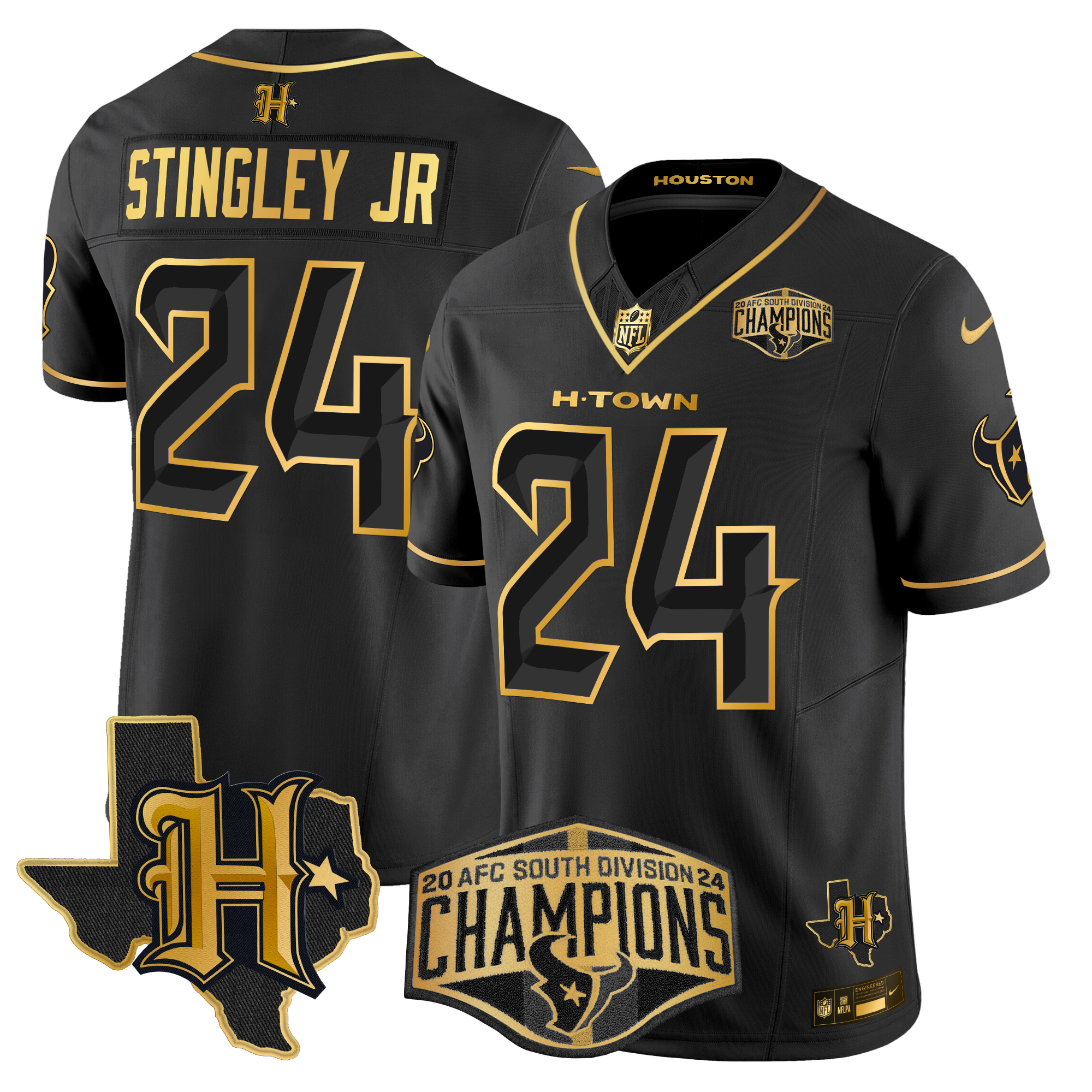 Derek Stingley Jr. Men's Houston Texans 2024 AFC South Division Champions Patch Gold Vapor Limited Black Gold Jersey - All Stitched