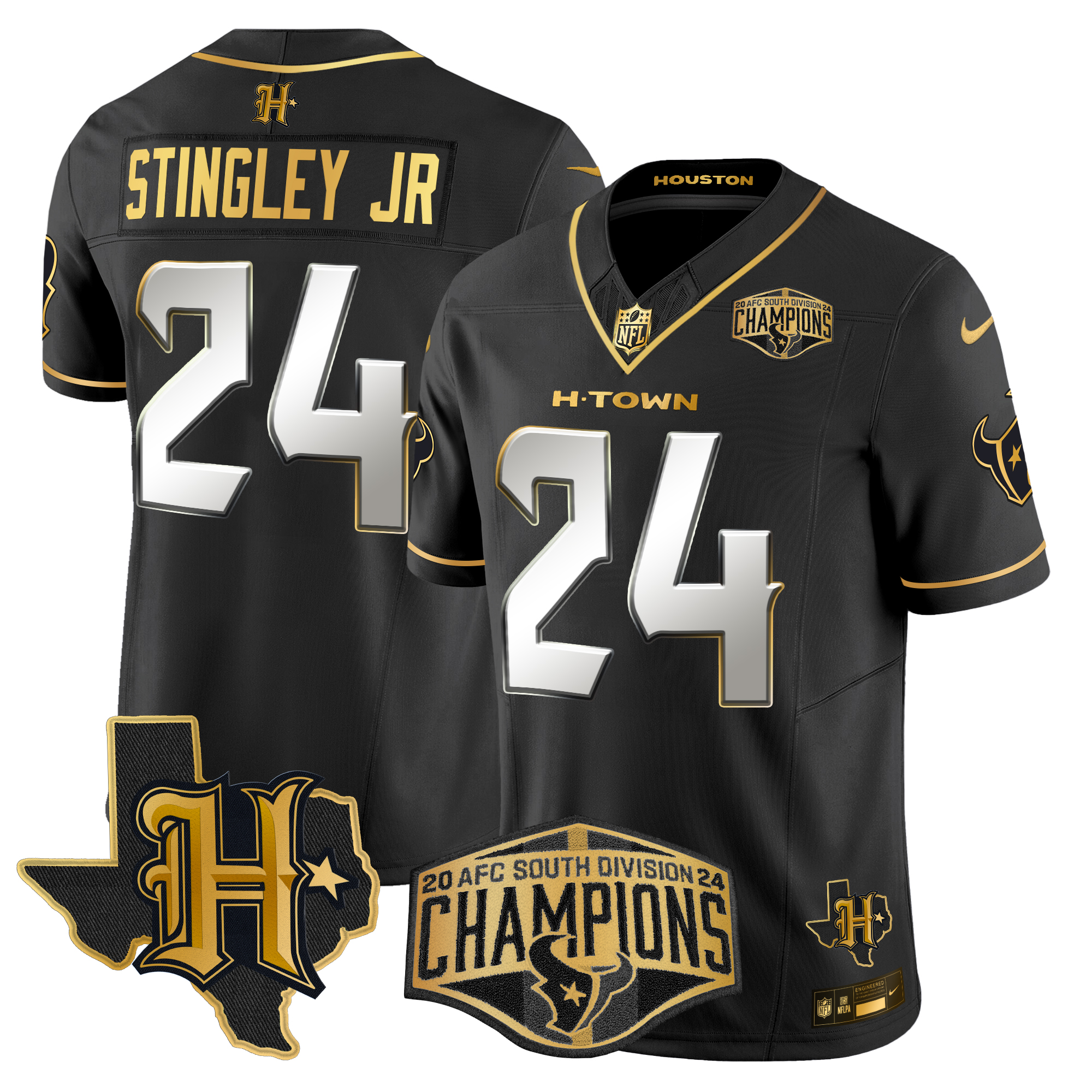 Derek Stingley Jr. Men's Houston Texans 2024 AFC South Division Champions Patch Gold Vapor Limited Black Limited Jersey - All Stitched