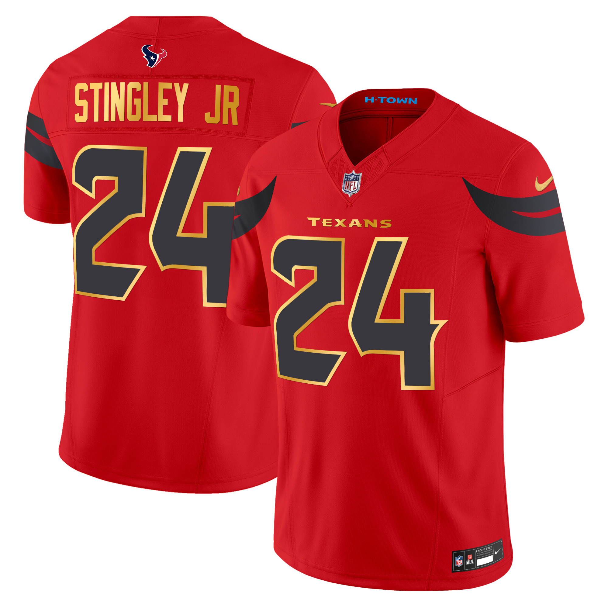 Derek Stingley Jr. Men's Houston Texans 2024 Gold Trim Vapor Limited Red Jersey - All Stitched